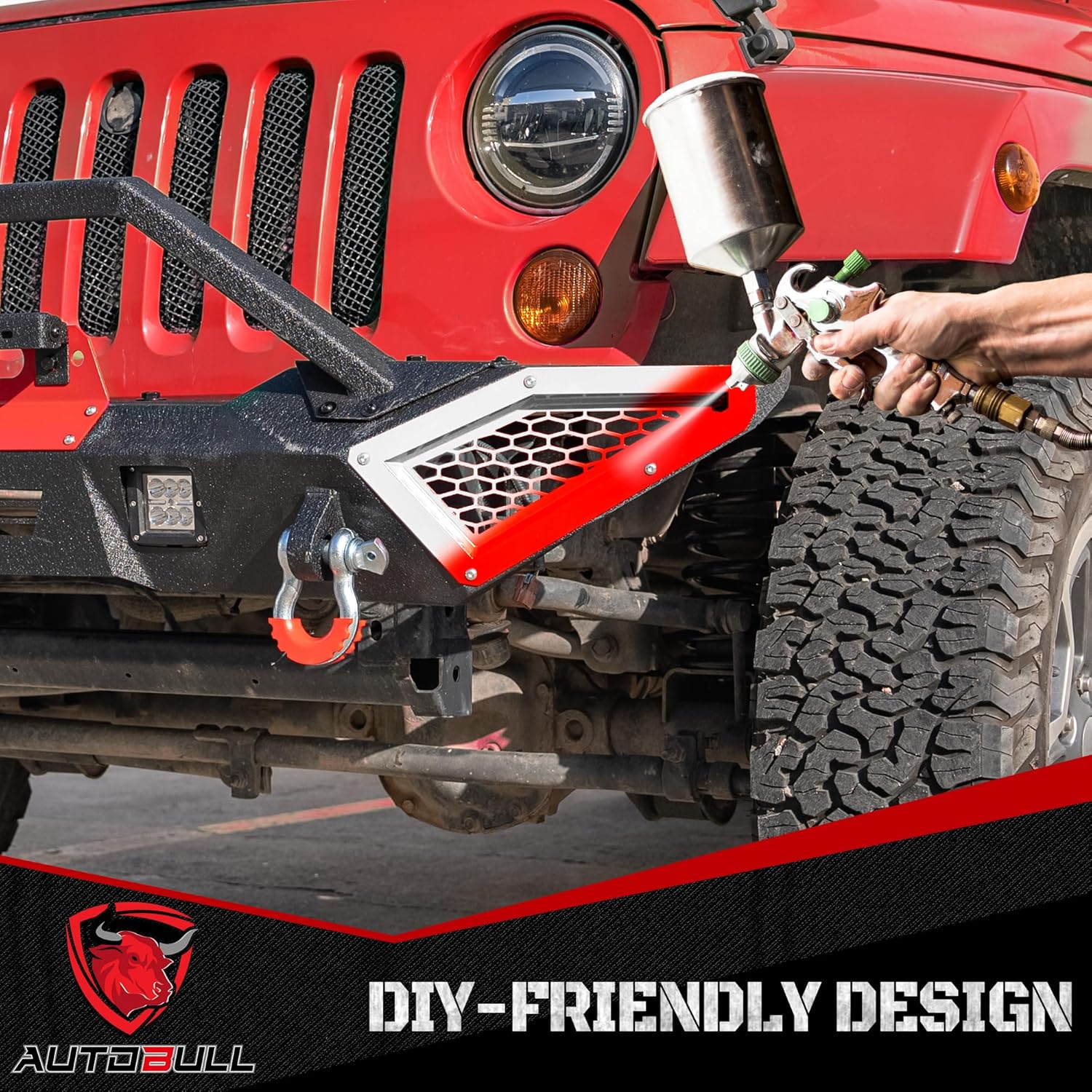 Front Bumper - Compatible with 2007-2018 JP Wrangler JK/JKU & 2018-2024 JL/JLU, Off-Road Rock Crawler Full-Width Bumper with Winch Plate, LED Lights, D-Rings & Red Paintable Armor