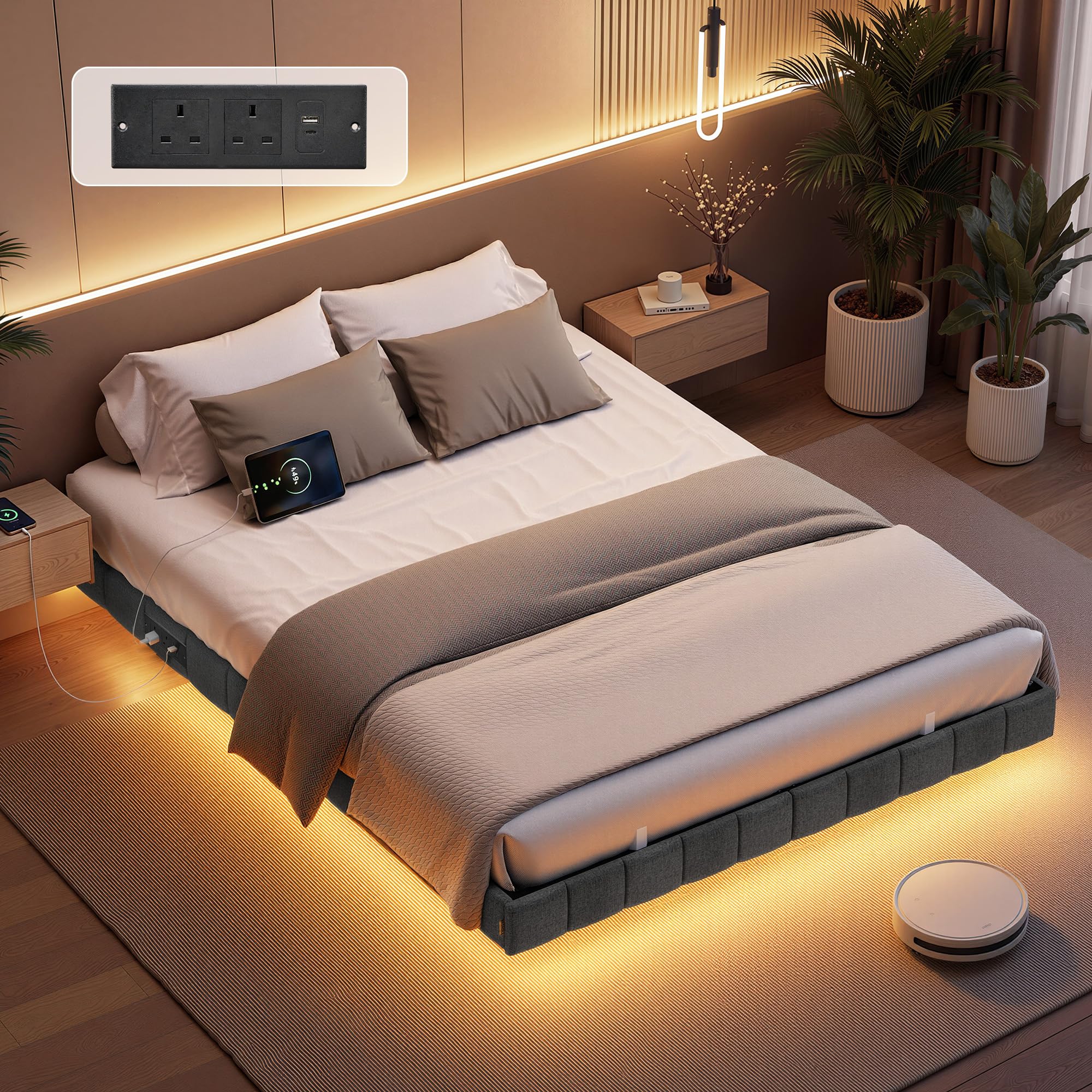 VASAGLE Lit Flottant 140 x 190 cm, Capitonnage Doux, Éclairage LED, Multiprise, 2 Prises CA, 1 Port USB-A, 1 Port Type-C, 1 Port USB-A à l’Arrière, Supporte Jusqu'à 500 kg, Gris Ardoise RMB163G101