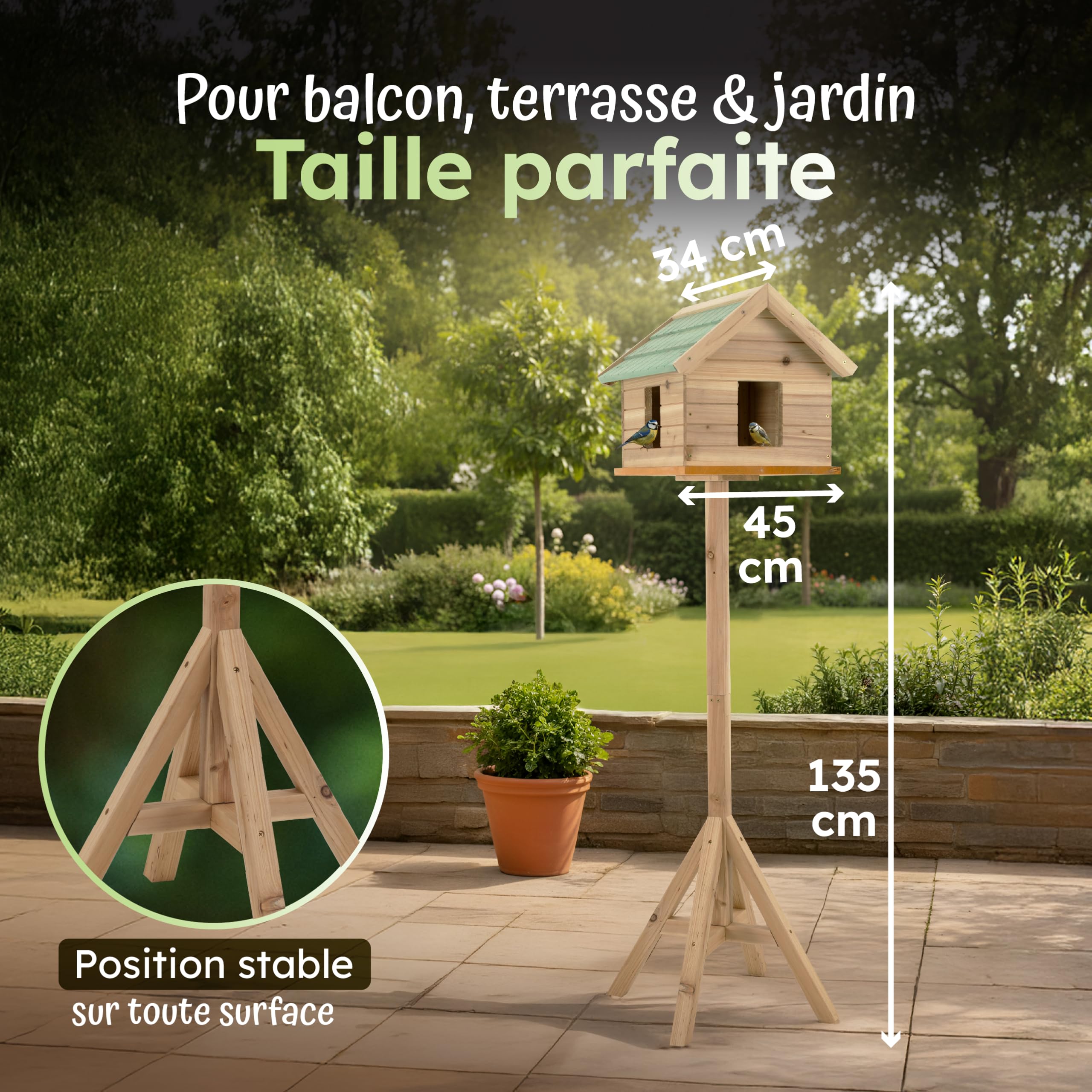 Moorland Nichoir Mangeoire Oiseaux Exterieur sur Pied 135 cm avec Fenêtres – Grande Mangeoire Cabane Oiseaux en Bois pour Jardin Balcon Terrasse – Toit Résistant aux Intempéries Toute l'Année – VH2