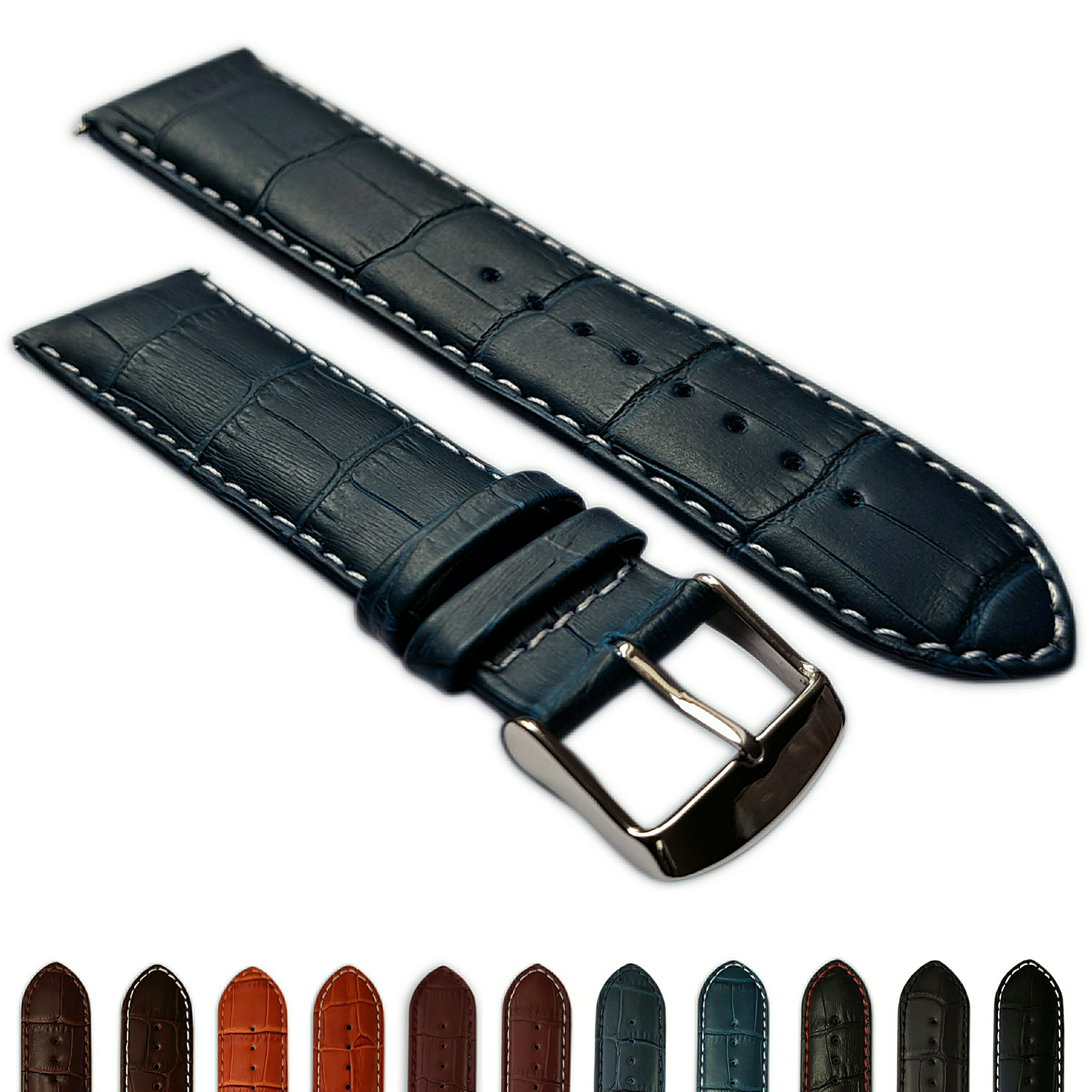 Jewellers Tools Men's Blue/White 22Mm Extra Long Genuine Leather Mock Croc Watch Strap Band Padded Ss Buckle Xl