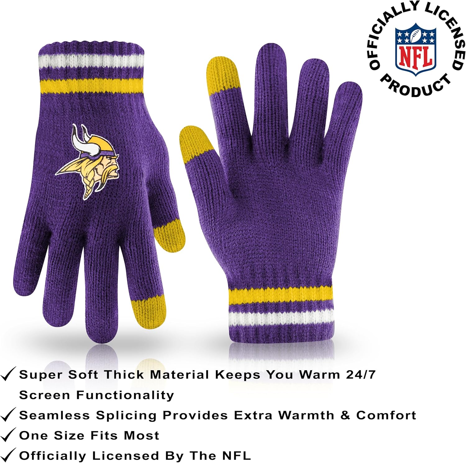 Ultra Game Youth NFL Official Super Soft Team Stripe Winter Beanie Knit Hat with Warm Touch Screen Gloves - Image 3