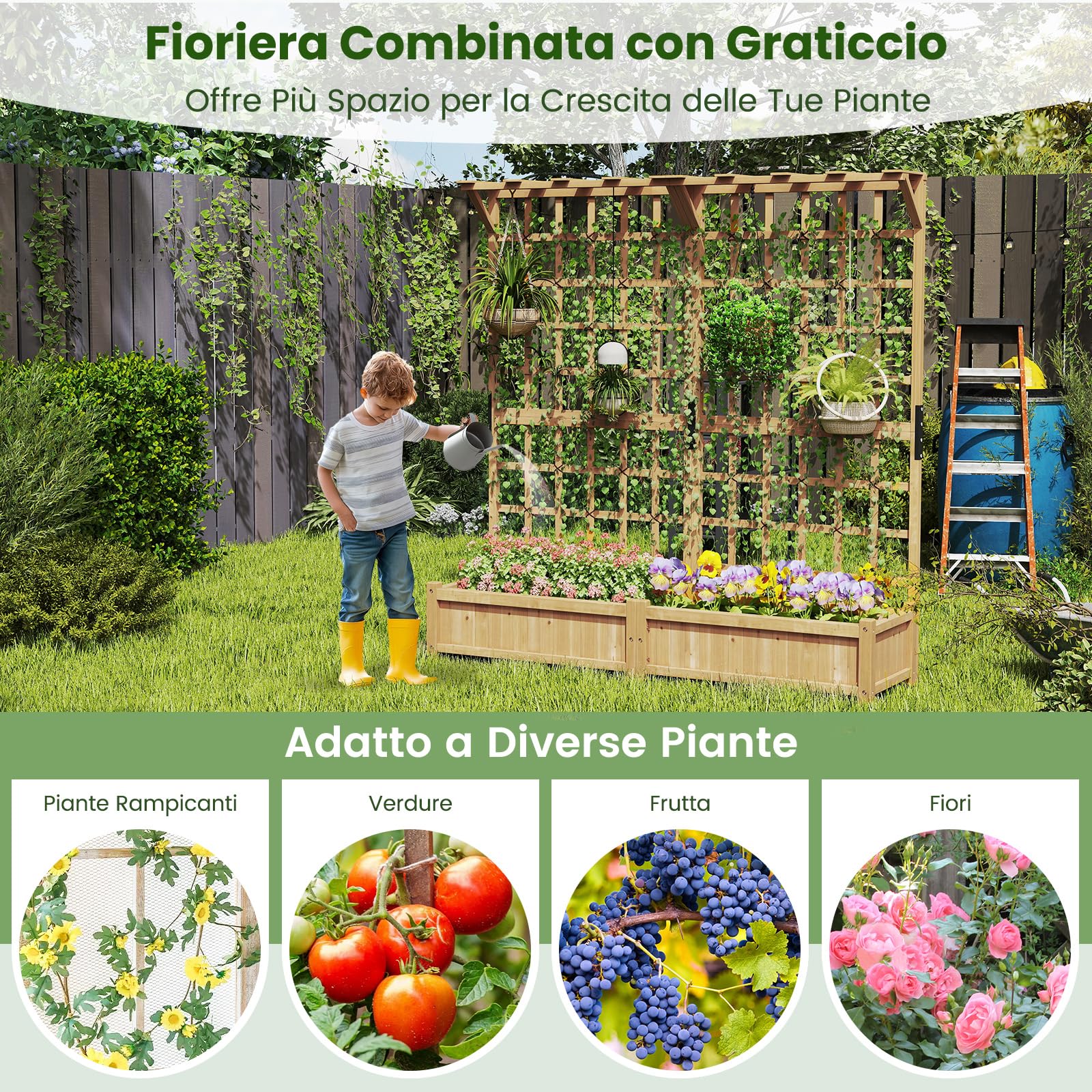 COSTWAY Fioriera in Legno con Traliccoio, Letto da Giardino con Grigliato, Tetto Appeso, 2 Scatole per Piante, 4 Fori di Drenaggio, Aiuola da Giardino Elevata per Piante Rampicanti e Fiori (Naturale)