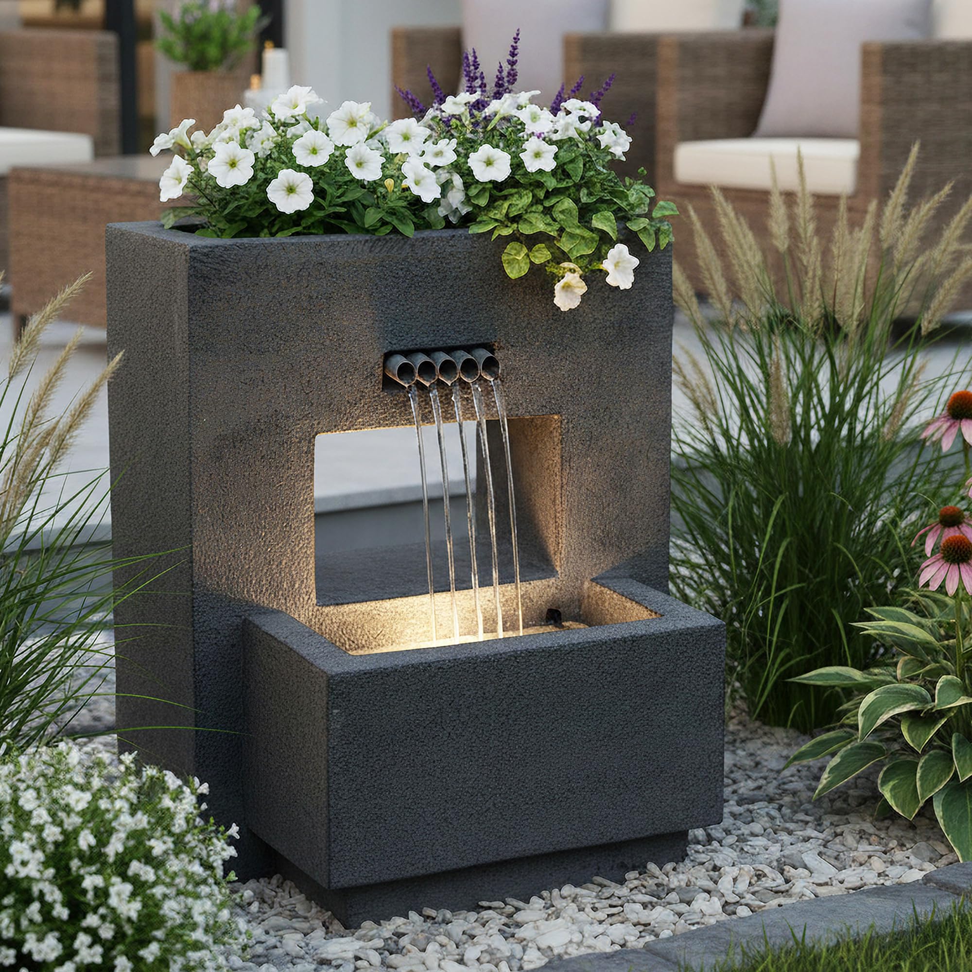 Fontaine de Jardin avec éclairage, plantable, Aspect béton 57 cm Cascade Blanc Chaud, décoration