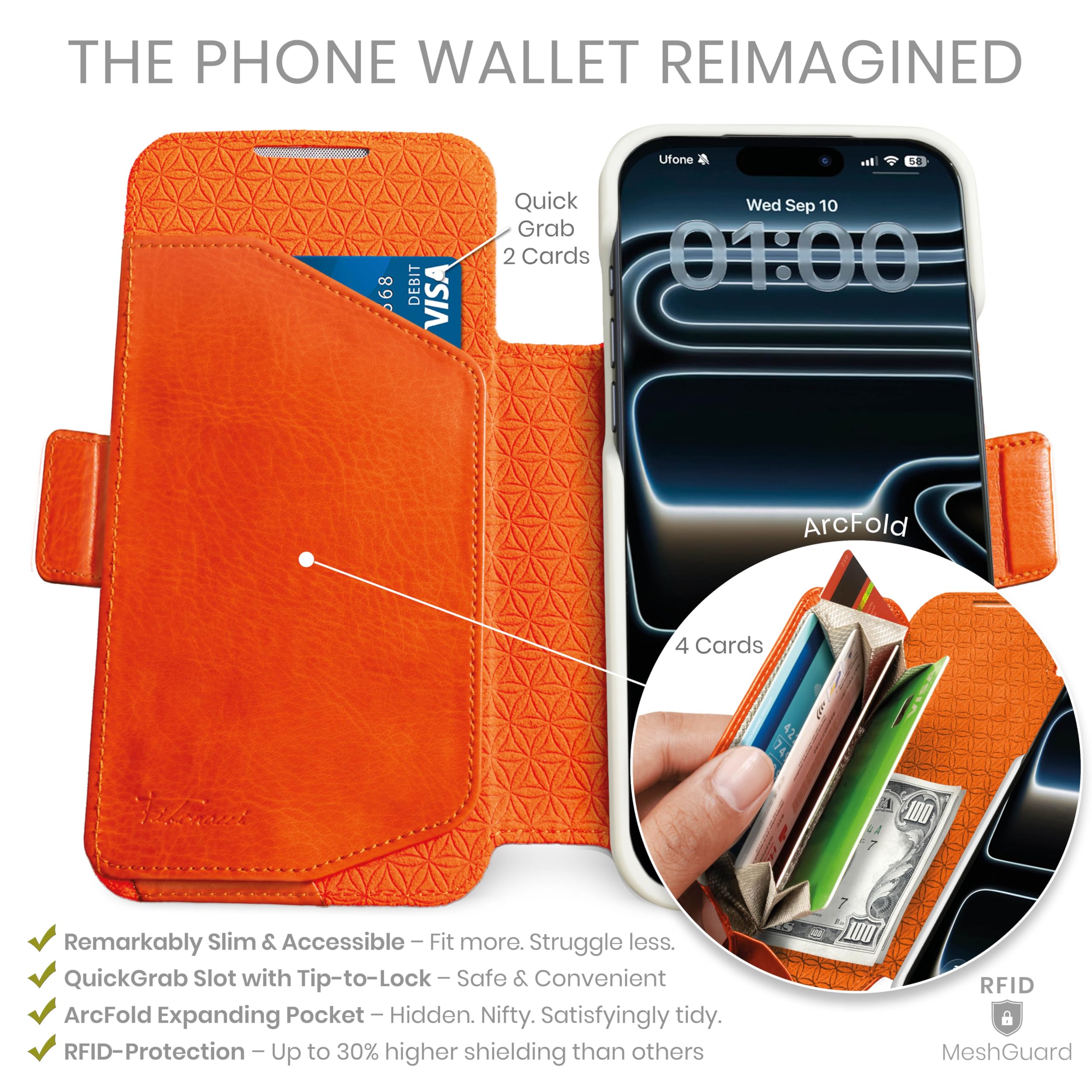 dreem Funda Cartera para iPhone 17 Pro MAX, Soporte revolucionario, Piel Vegana, Compatible con MagSafe, Tapa magnética removible, Bloqueo RFID, Caja de Regalo [Fibonacci:Orange]