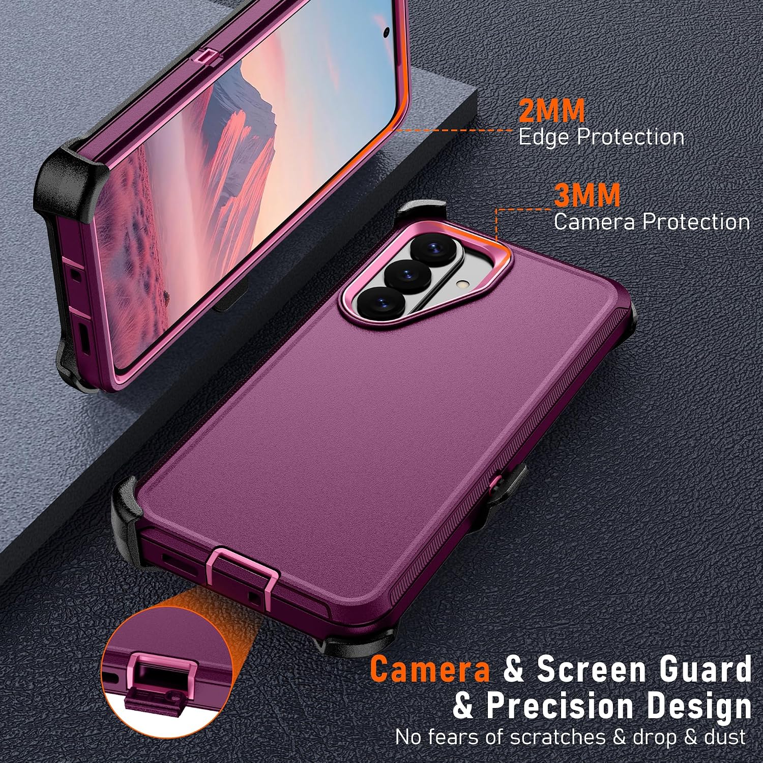 For Samsung Galaxy S26 plus Case with Belt Clip Holster:16FT Military Grade Drop Protection【Design Case+ Belt Clip Holster】Heavy Duty/Shockproof Rugged with Screen Protector for S26 plus-Purple