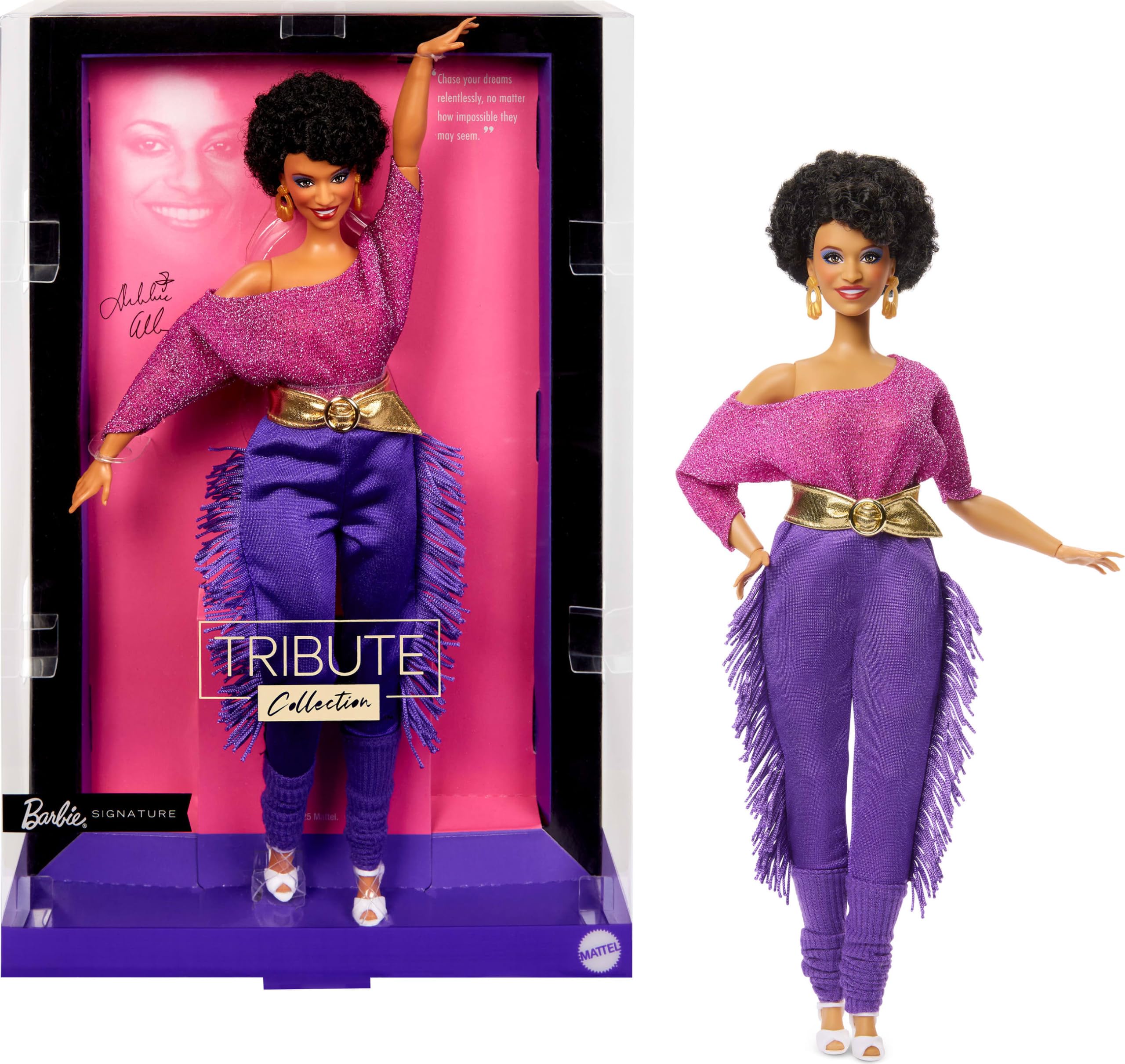 Barbie Signature - Debbie Allen, bambola snodata della collezione Tribute con top a spalle scoperte, cintura dorata e pantaloni viola con frange e scaldamuscoli, 6+ anni, JBJ24