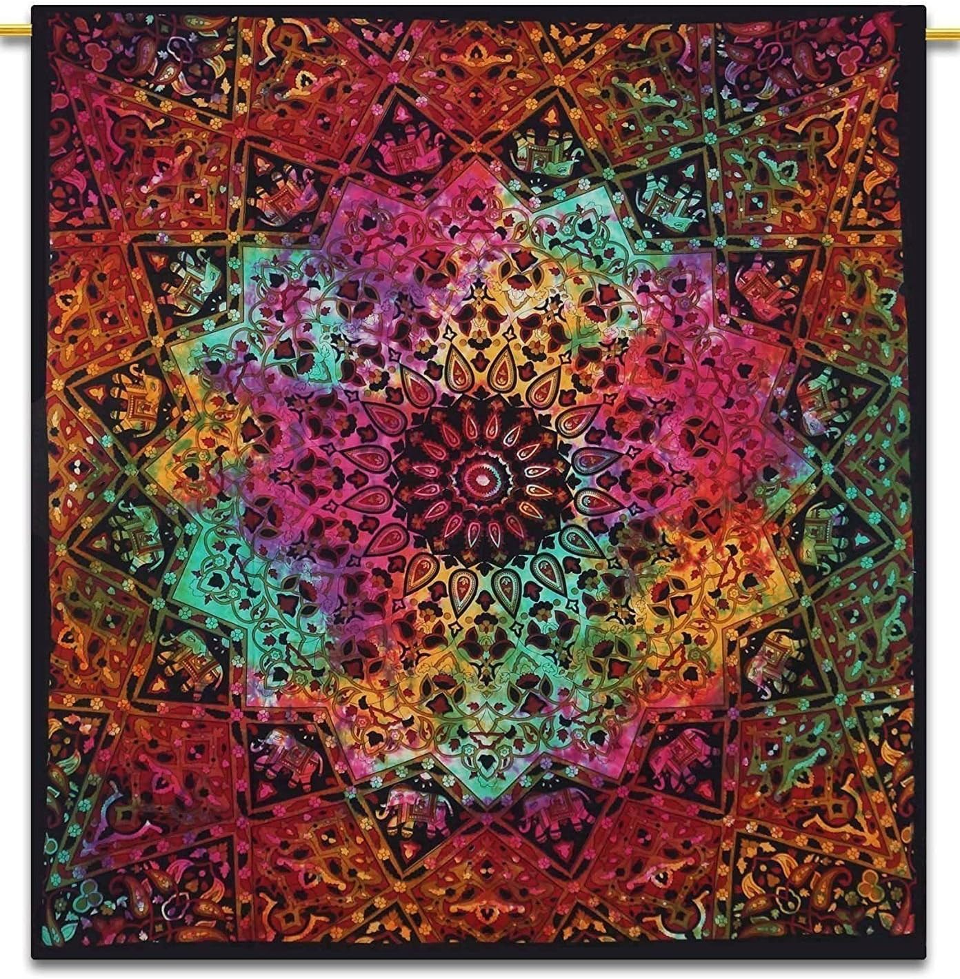 Multicolor Tie Dye Bohemian Tapestry Elephant Star Mandala Tapestry Tapestry Wall Hanging Boho Tapestry Hippie Hippy Tapestry Beach Curtain Coverlet 90" x 84"