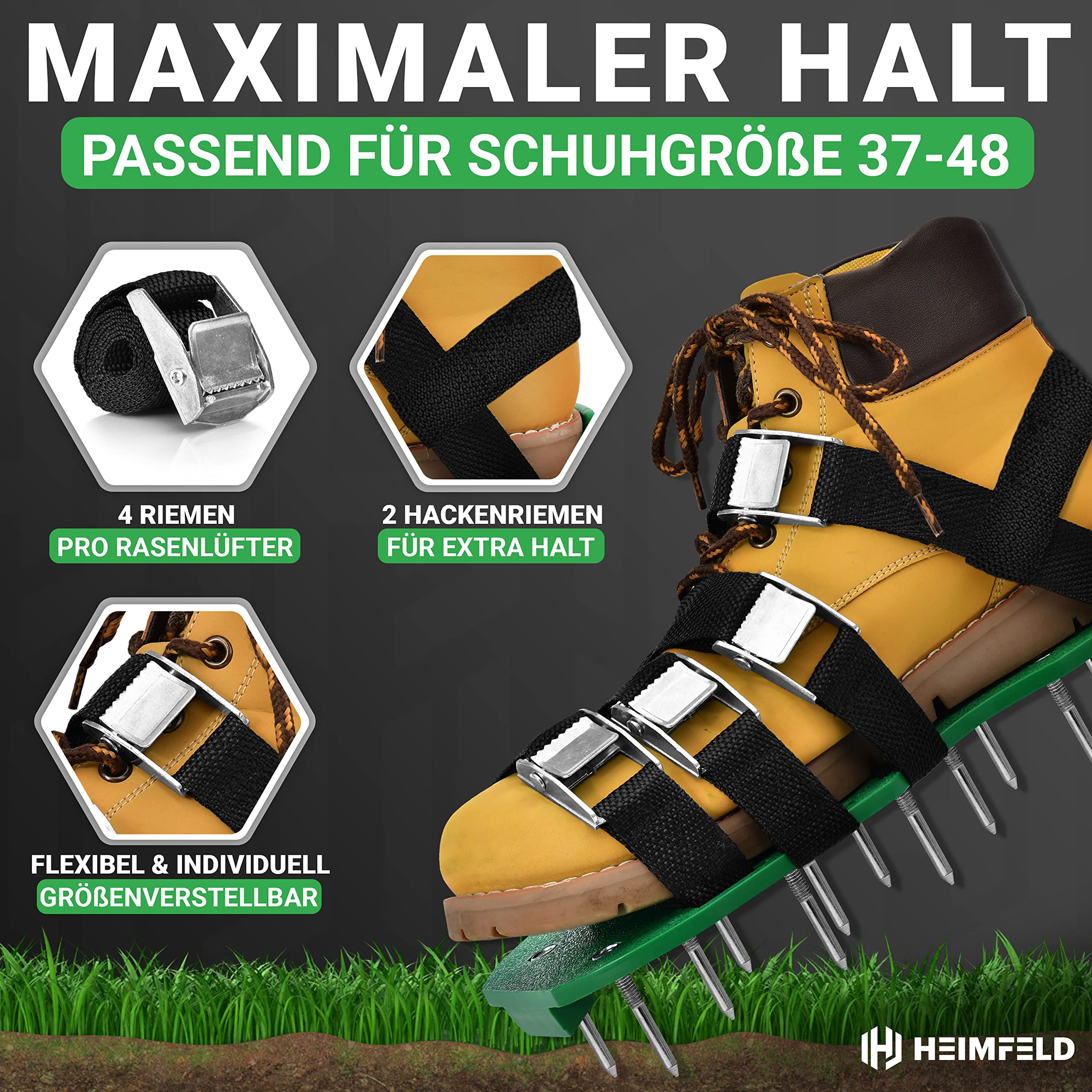 Nagelschuhe mit Riemen - Zum Rasen belüften oder als Estrichschuhe - Rasenlüfter Schuhe inkl. kurzen & Langen Nägeln - Hochwertiger Rasenbelüfter als optimaler Rasen Lüfter