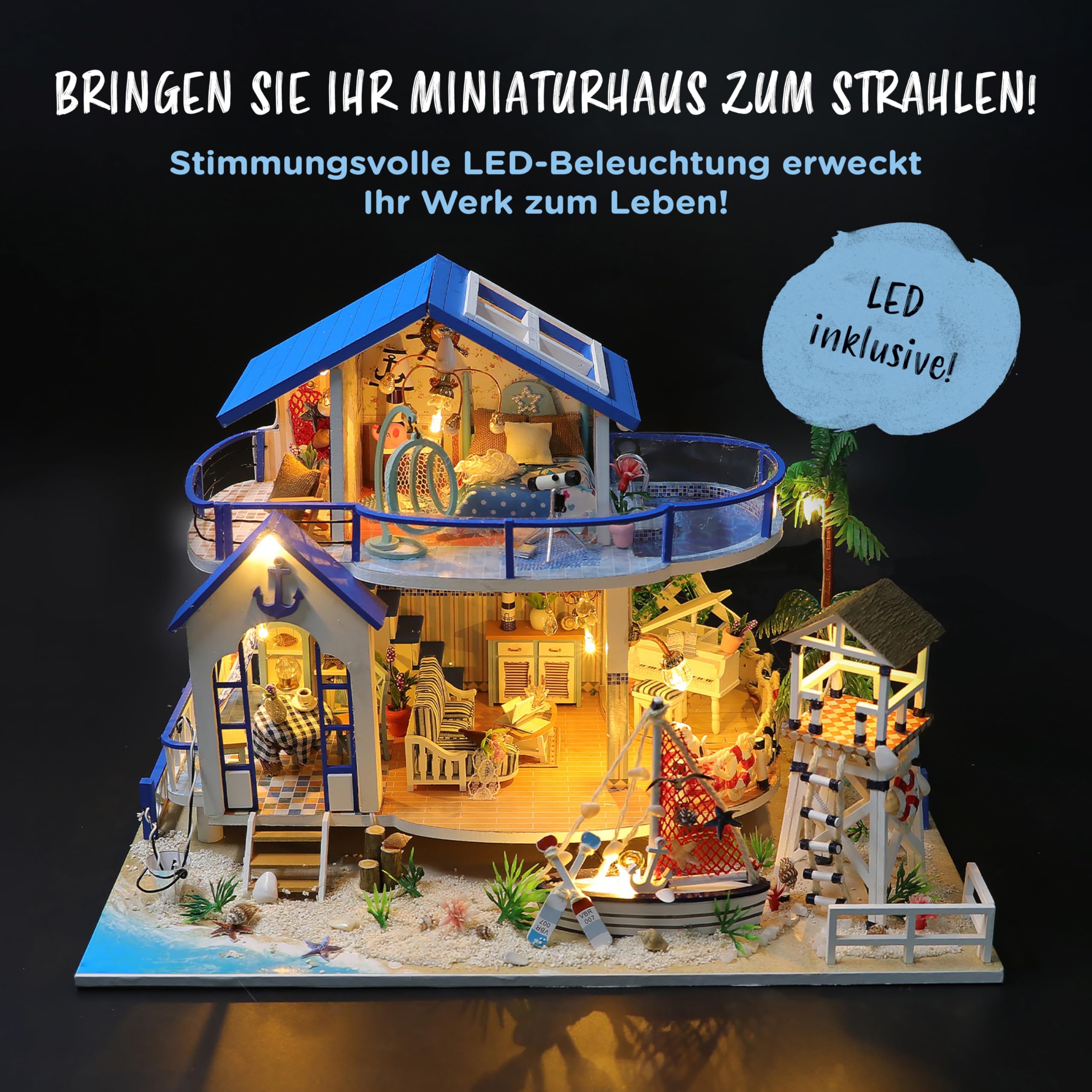 Crafts&Co® Miniatur Strandhaus | DIY Papiermodell | Detailliertes Bastelprojekt für Anfänger | 398 Teile | Bastelspaß für Jung und Alt | Mehrfarbig