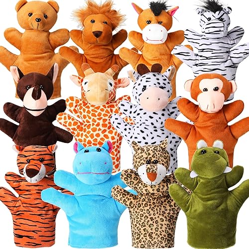 Hungdao 12 marionetas de mano de zoológico de peluche, lindos animales de peluche, juguetes educativos con diseño de tigre león, oso, leopardo, para
