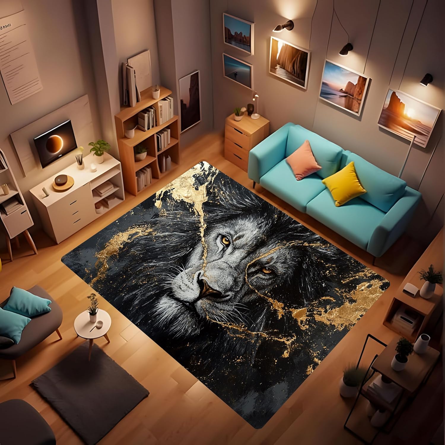 Cool Black and Gold Color African Lion Wildlife Thick Durable Rug, Modern Fashion Art Living Room Wild Area Rug, Machine Washable Easy to Clean Warm and Comfortable Flannel mat 24x36inch