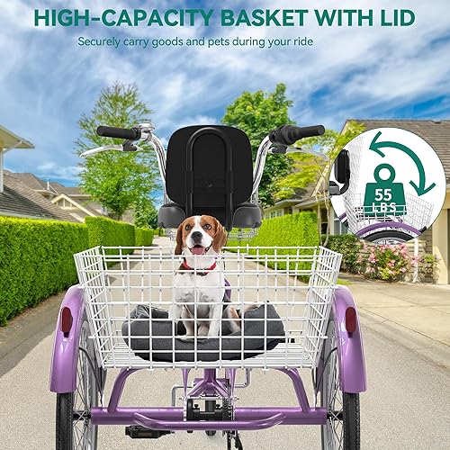 Miniatura 19 de YITAHOME Triciclo para adultos, bicicletas de 3 ruedas de 24 y 26 pulgadas, bicicleta de triciclo de 1 velocidad para adultos con cestas extraíbles