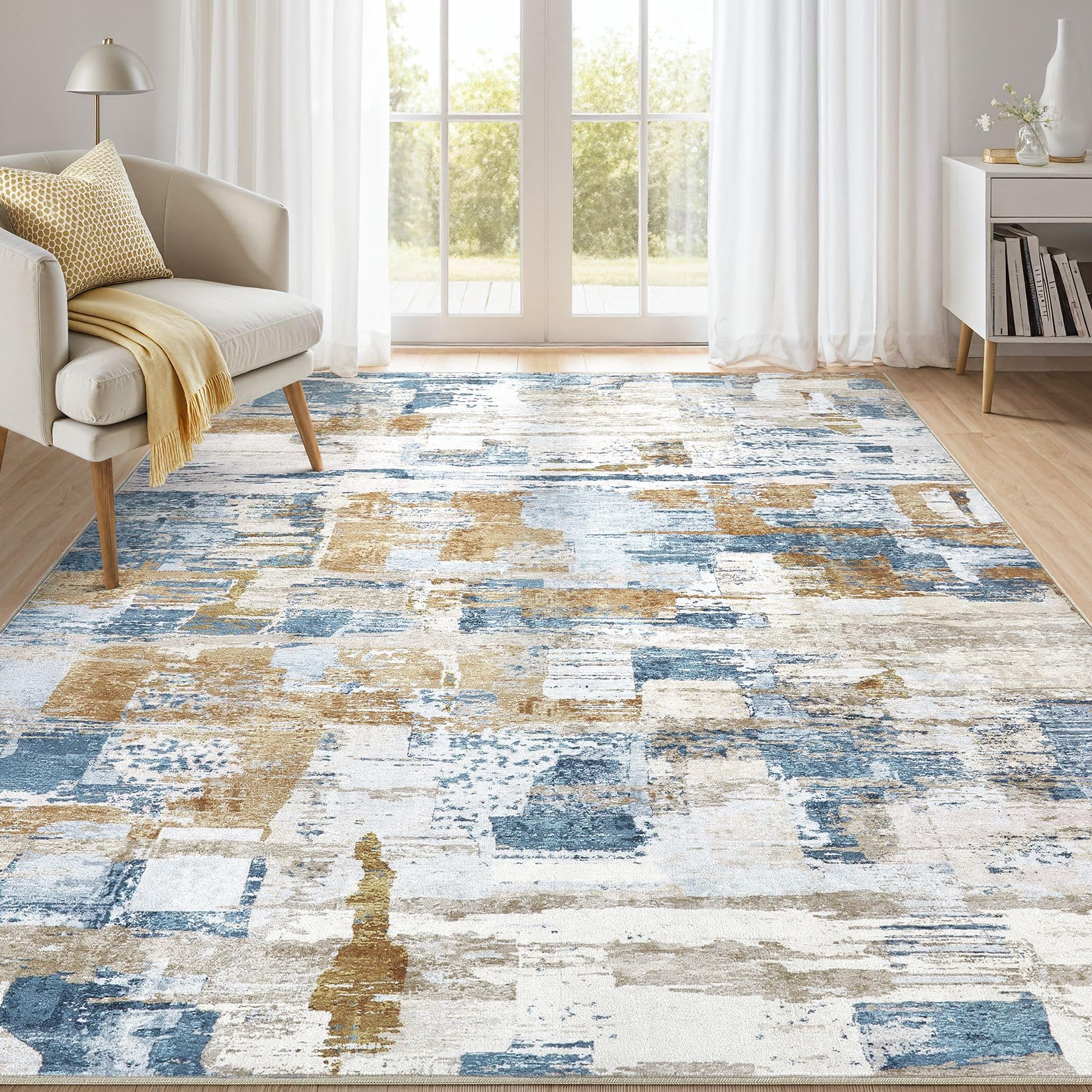 Abstract Living Room Rug 5x7 - Modern Washable Soft Thin Area Rug for Living Room Bedroom Under Dining Table - Neutral Indoor Floor Rug Carpets for