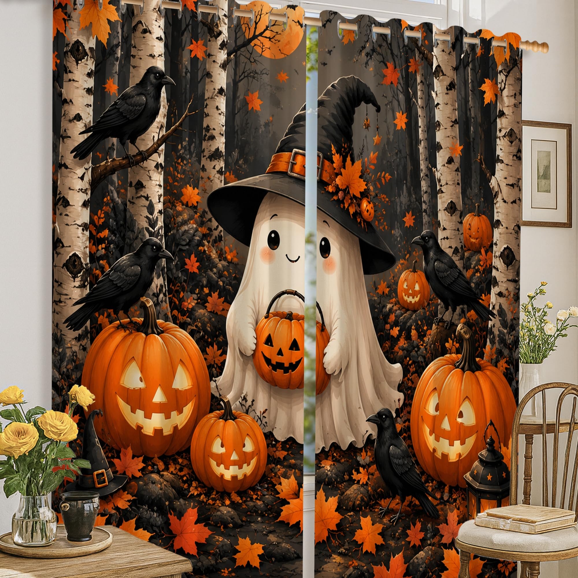 Rideaux occultants lavables orange à motifs citrouilles bloquent la lumière