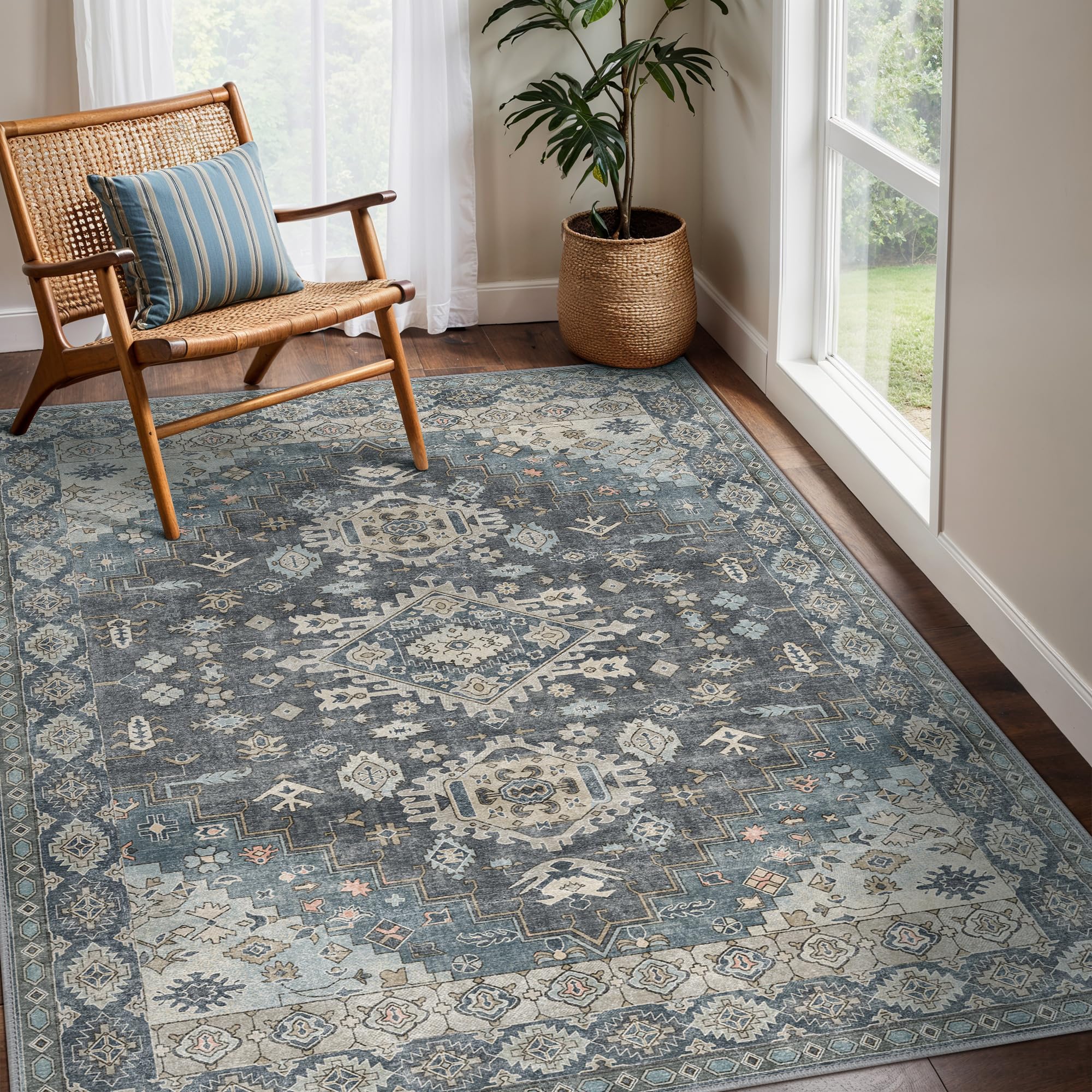 GENIMO Machine Washable 5x7 Area Rugs for Living Room, Non Slip Vintage Rugs, Low Pile Lightweight Chenille Print Rug for Bedroom, Dining Room, Home