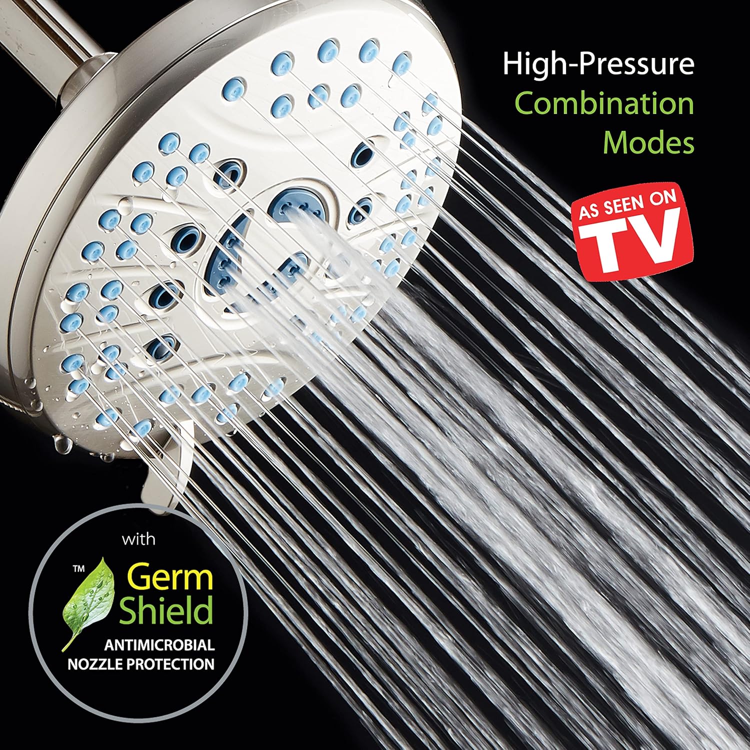 6-Setting Nickel Rainfall Shower Head with Anti-Clog Nozzles