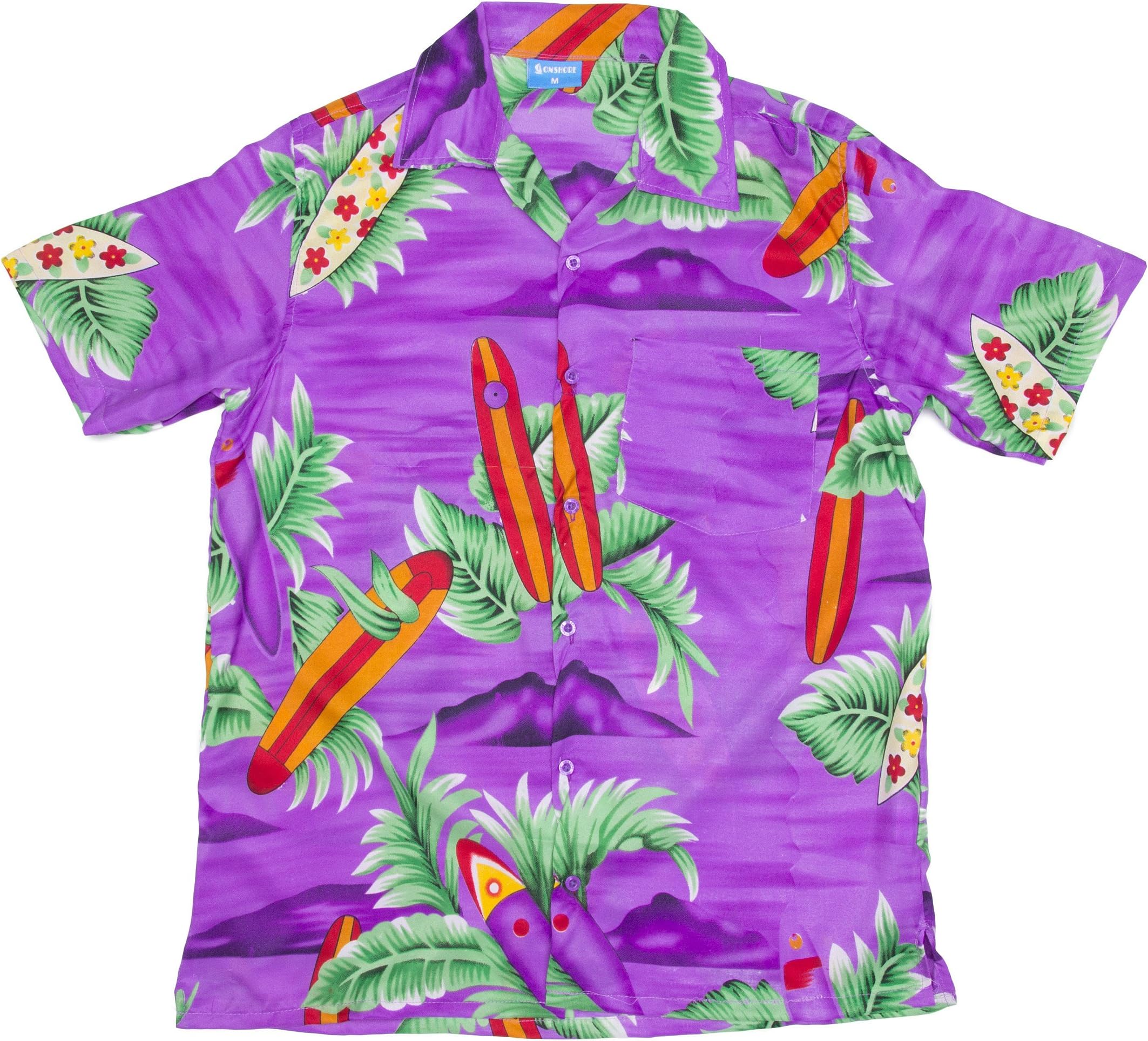 On Shore Men's Tropical Hawaiian Surfboard Print Aloha Shirt, Purple Large