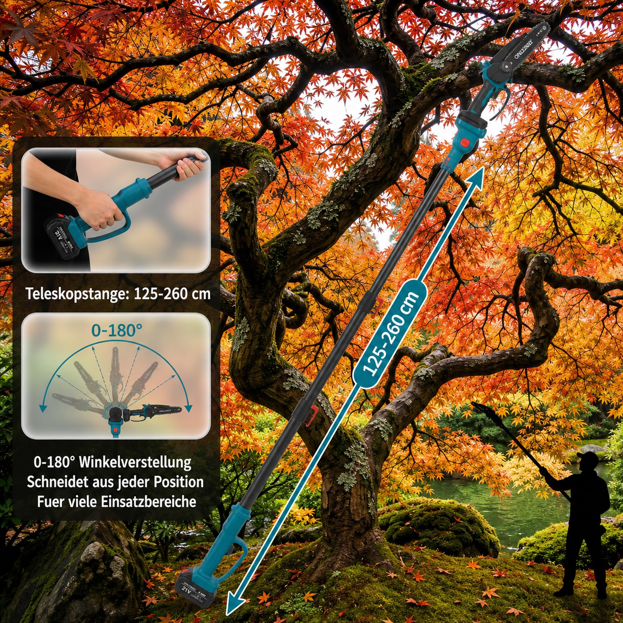 Kit 4-en-1 Tronçonneuse 8" & Sécateur Électrique, moteur brushless, 2 batteries 4Ah, perche télescopique portée 4,57m, outil élagage jardin arbres fruitiers