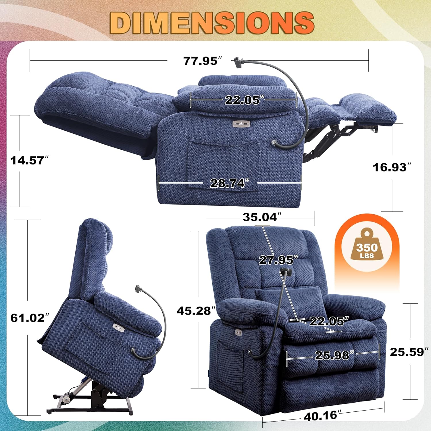 Dual Motor Recliner Chair with Heat & Massage, Power Lift Recliner Chair for Elderly, Infinite Position, Cup Holder, Phone Holder, Detachable Armrest, USB & Type-C Ports, Pillow (Navy Blue, Large)