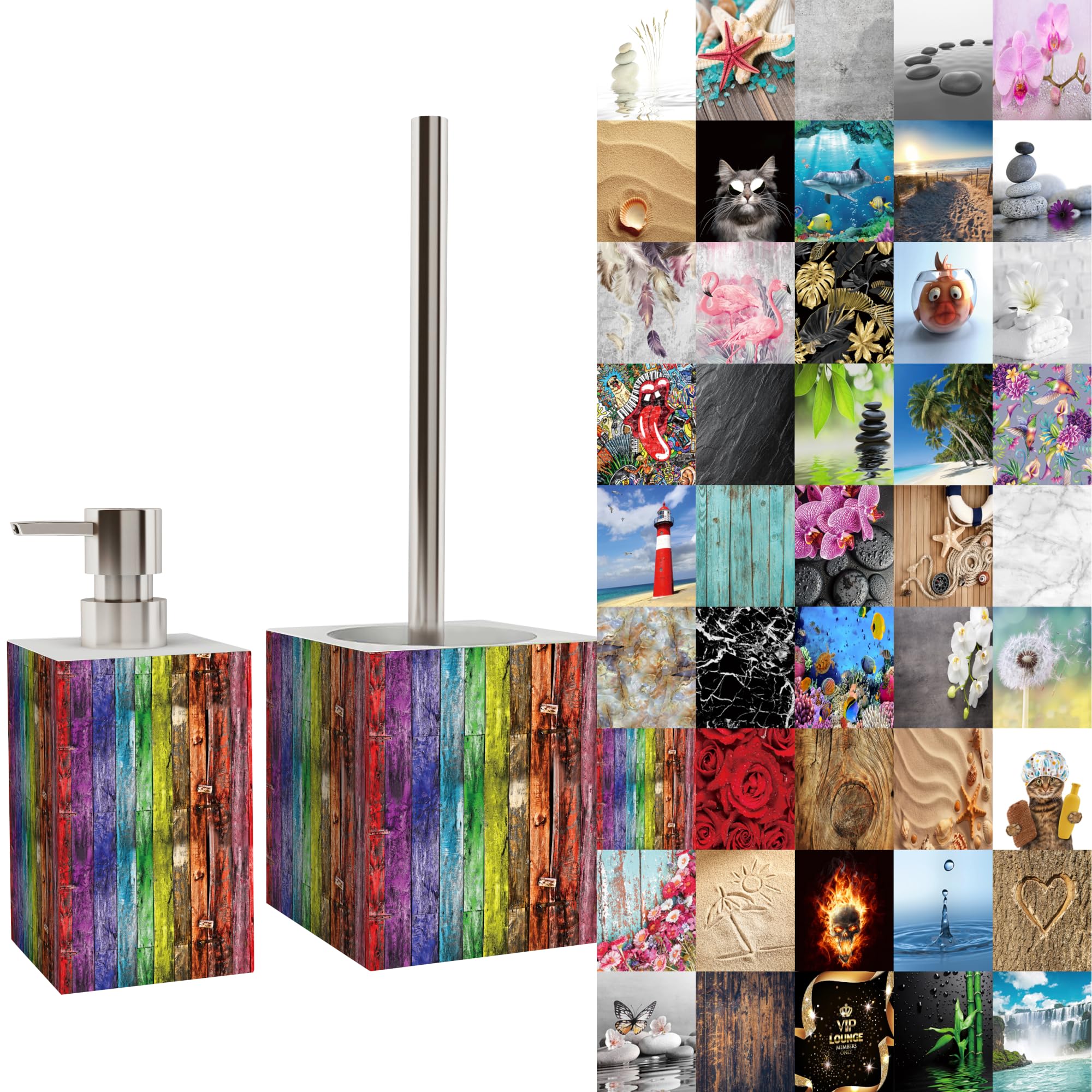Premium Bathroom Set | Great Range | Soap Dispenser and Toilet Brush | Beautiful designs surface (Rainbow)
