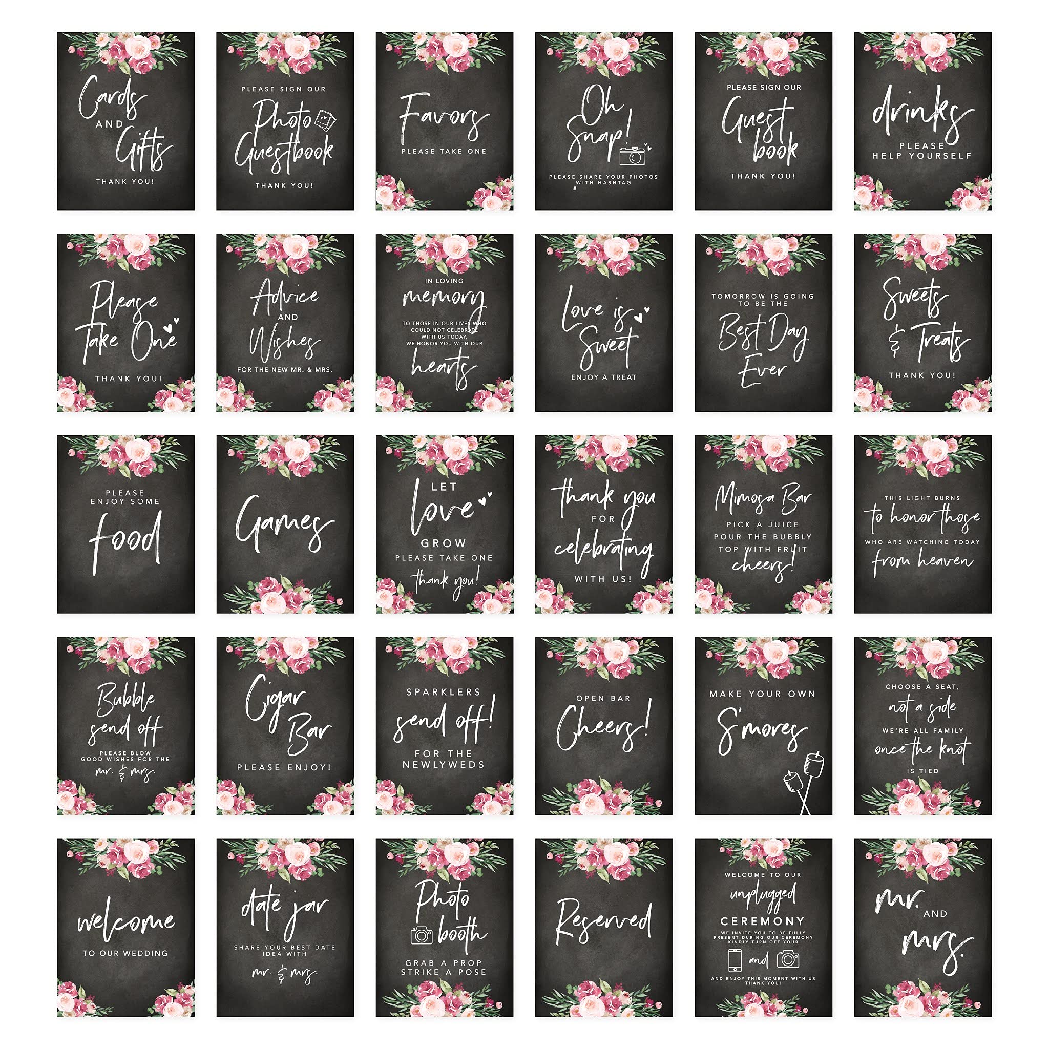 Andaz Press Chalkboard Florals Wedding Signs Bundle Set for Ceremony, Reception Decor Signage, Includes Cards and Gifts, Reserved, Mr. & Mrs., Memorial, Guestbook, Favors Signs, 8.5 x 11", 30-Pack