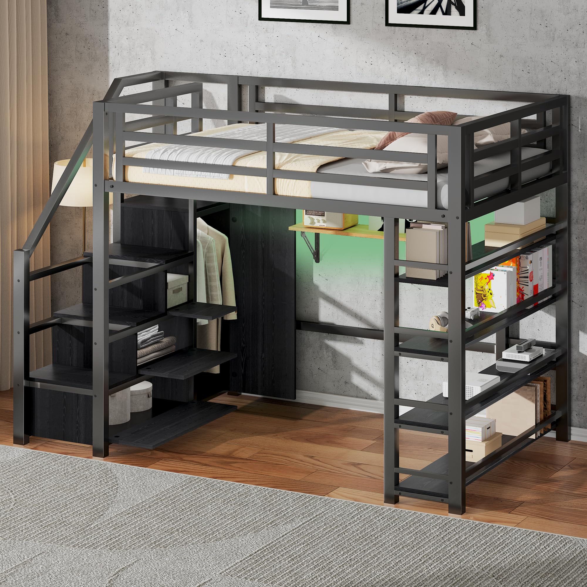 BTM Jugendbett 140 x 200 cm Metall LED Hochbett mit Schreibtisch und Schrank, Kinder Hochbett mit Treppe, Schwarz