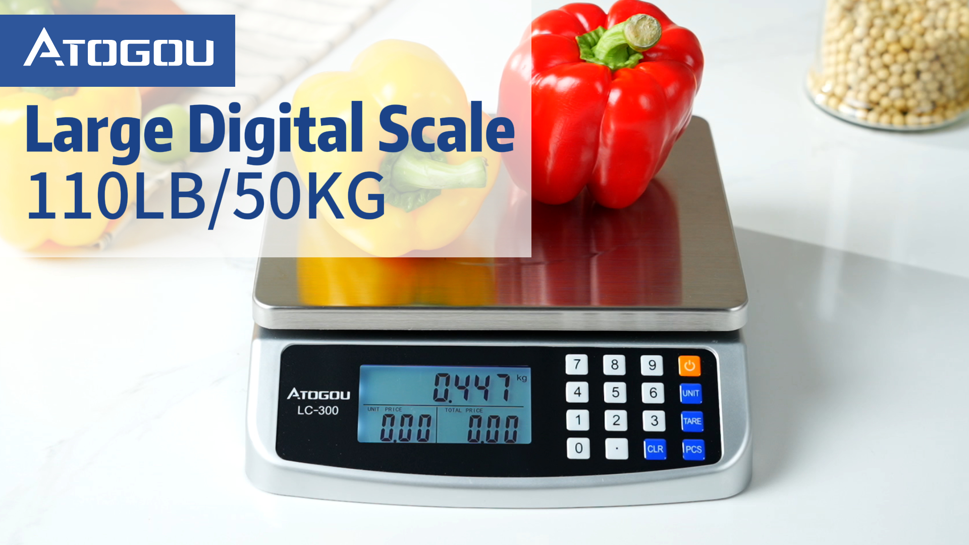 ATOGOU Heavy-Duty Food & Kitchen Scale – 110lb Capacity, Price Calculator, Plug-in Or Battery, Stainless Steel Top