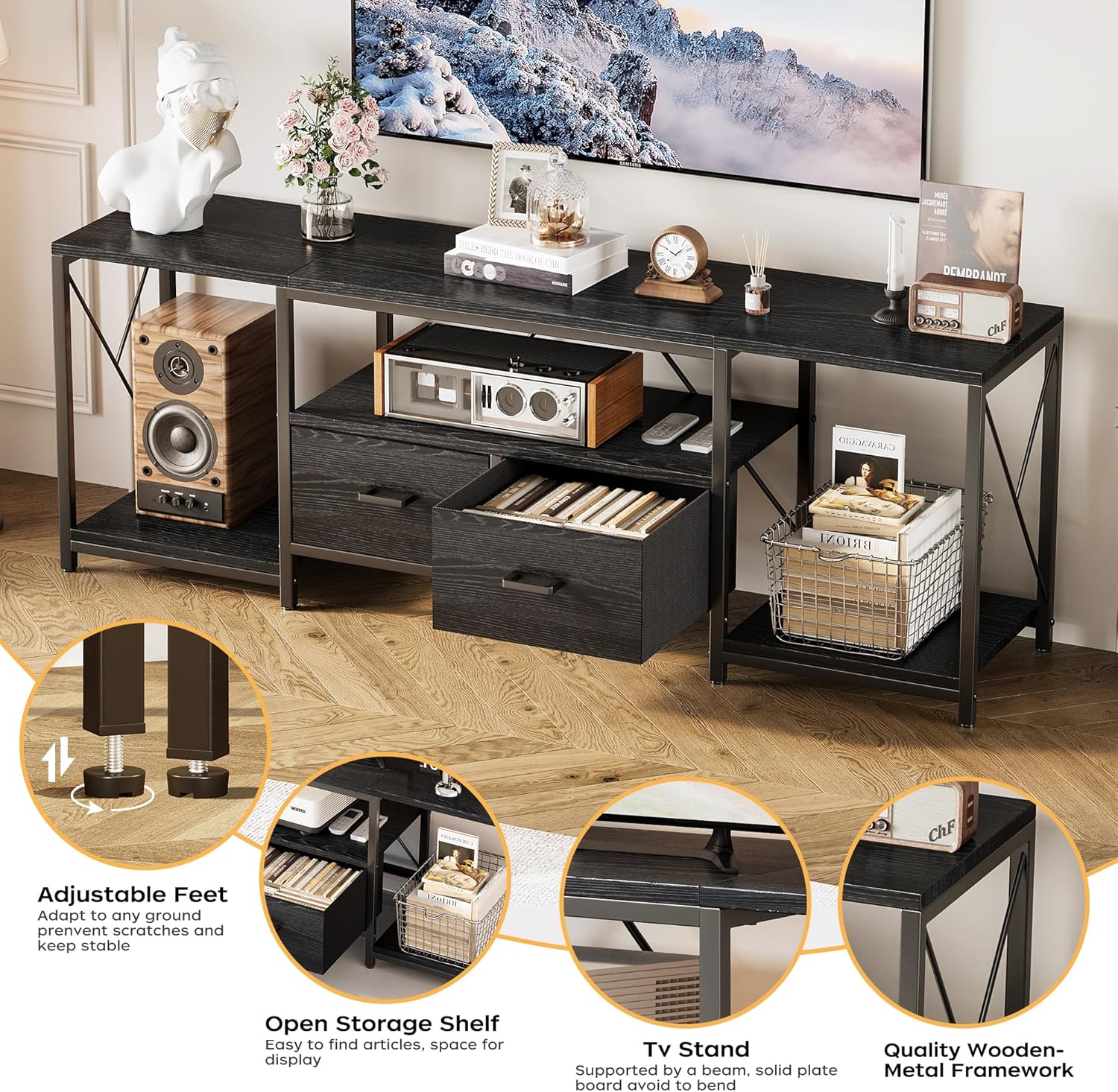 Homeiju TV Stand for TVs up to 75 Inch, Entertainment Center with Fabric Drawers, TV Media Console Table with Open Storage Shelves for Living Room, Bedroom, Black - Image 4