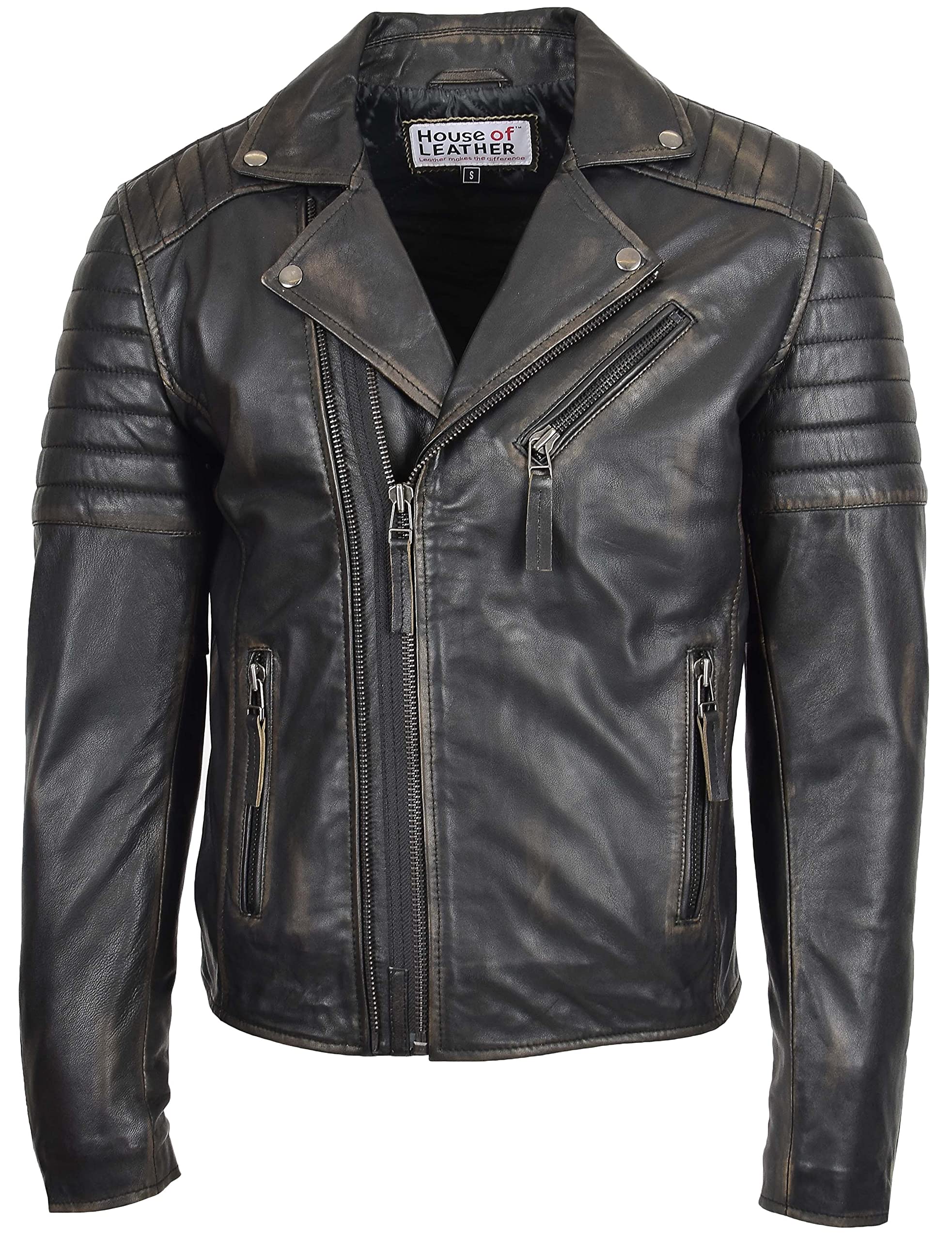 Mens Real Leather Biker Style Jacket Cross Zip Fastening Hook (L, Rub Off)