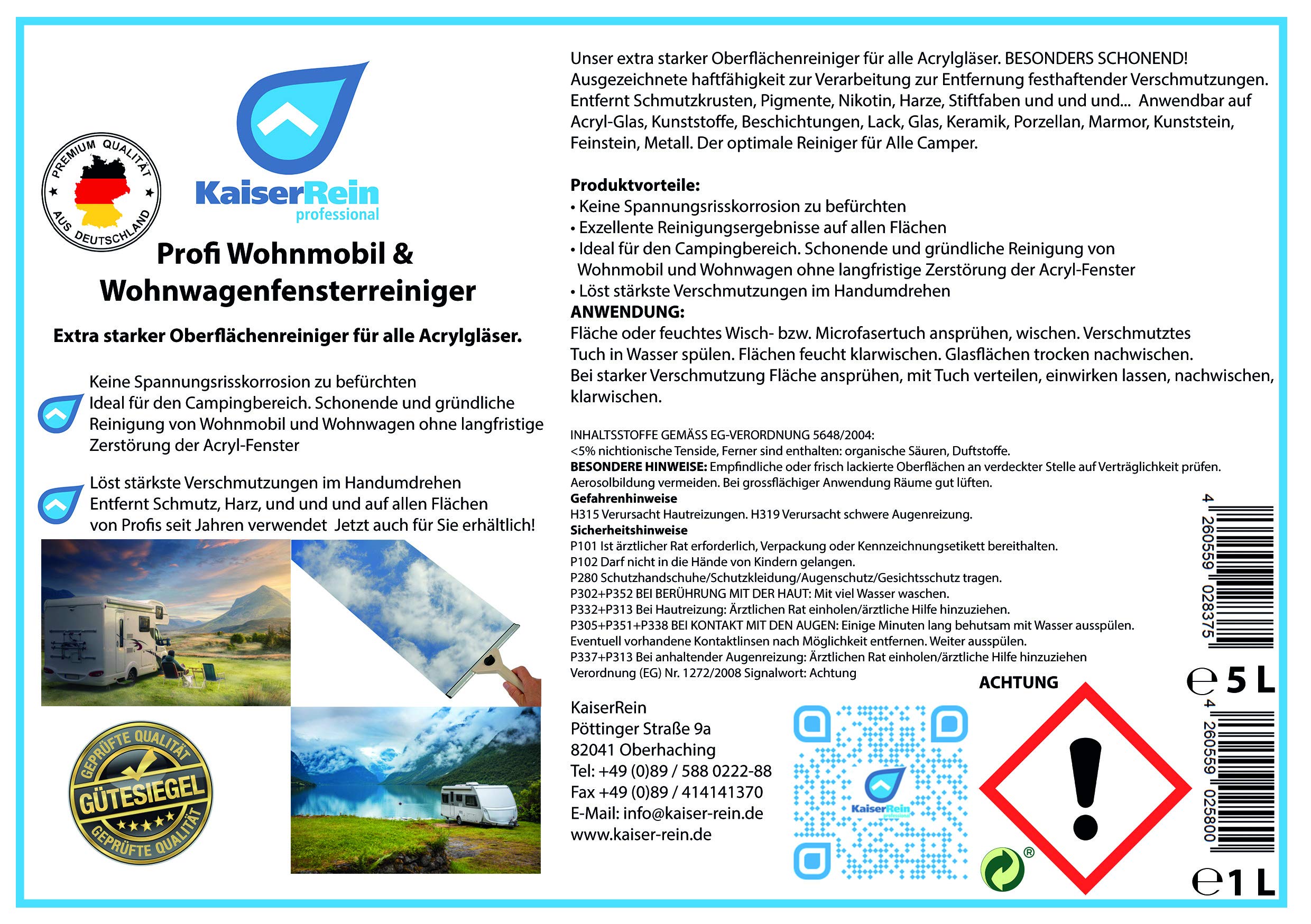 KaiserRein Profi Wohnmobil- Fenster Reiniger 5 L Kanister Universal Spray Acrylglas Reiniger Glasreiniger Wohnmobil-Reiniger Wohnwagen-Reiniger Caravan