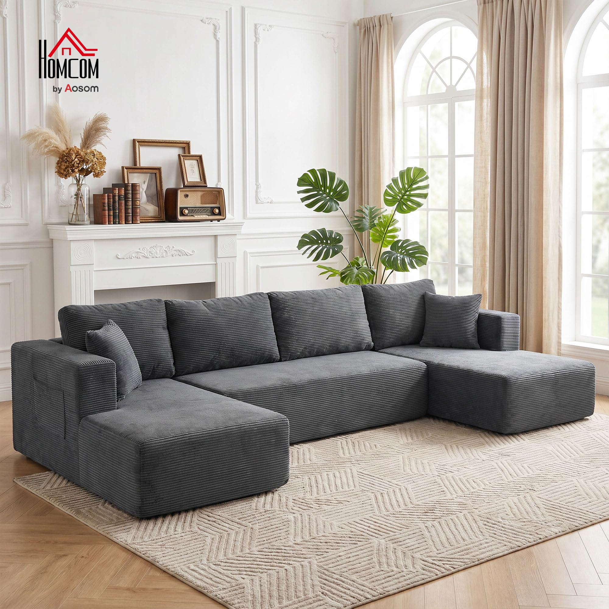 HOMCOM Canapé Modulaire en U Compressé 4 Places 2 Méridiennes Gris
