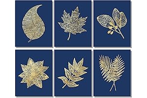Navy and Gold Pressed Leaf Prints 5x7 Set of 6 Unframed