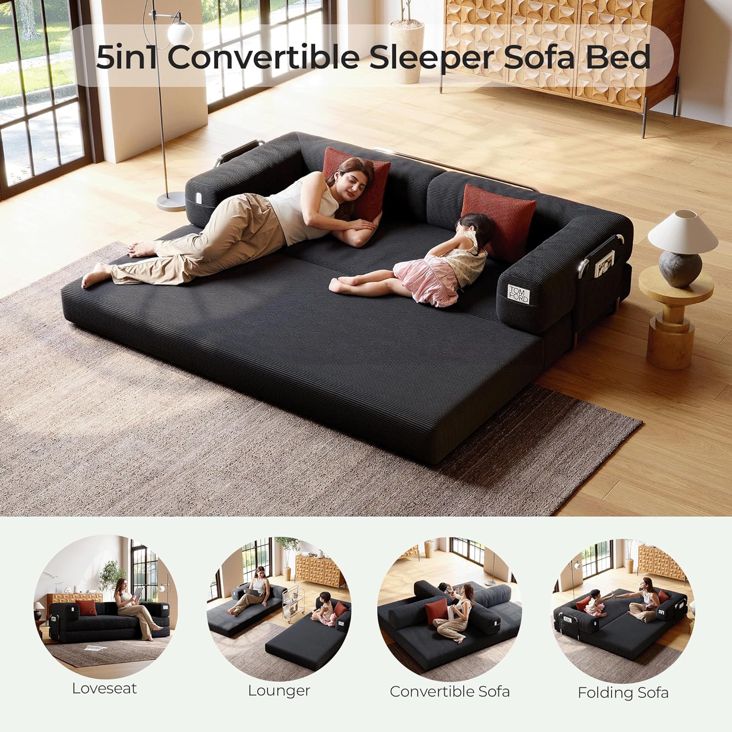 5-in-1 Folding Convertible Sofa Bed, Loveseat Sleeper with Pull-Out Bed, Floor Sofa Modular Futon Couch, 79" Oversized Corduroy Upholstered Boneless Couch for Living Room, Bedroom, Lounge, Grey-A