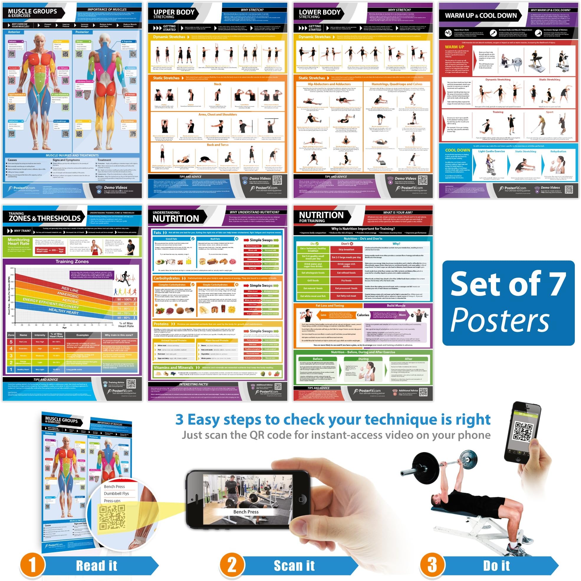Body Conditioning Gym Workout Posters - Set of 7 - LARGE - A2 (594mm x 420mm) - Laminated - Exercise and Fitrness Training Wall Charts by Posterfit.