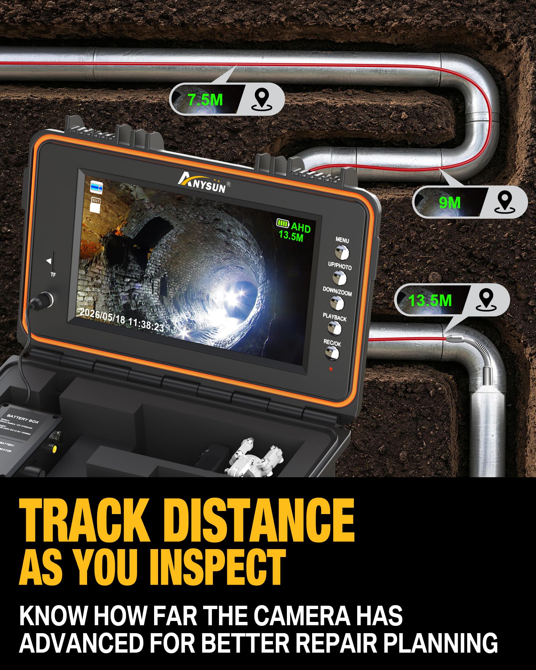 Anysun Caméra Inspection Canalisation Autonivelante avec Sonde 512Hz, Compteur Métrique, Endoscope Industriel Plomberie 1080P, Écran IPS 9", DVR, 23mm Caméra IP68 Étanche pour Détection Fuite Bouchon