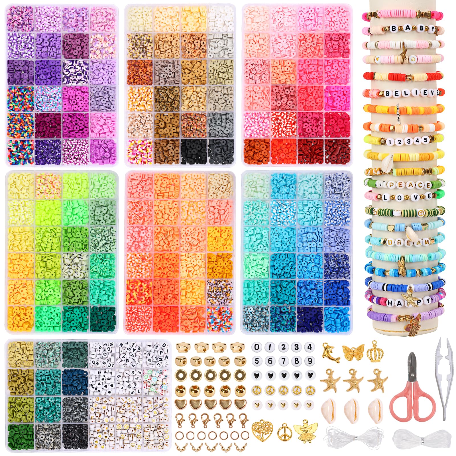 QUEFE 15600 Pcs Clay Beads Bracelet Making Kit, 156 Colors Polymer Beads Spacer Heishi Beads, Flat Preppy Beads for Jewelry Making Kit with Charms, DIY Crafts Gift