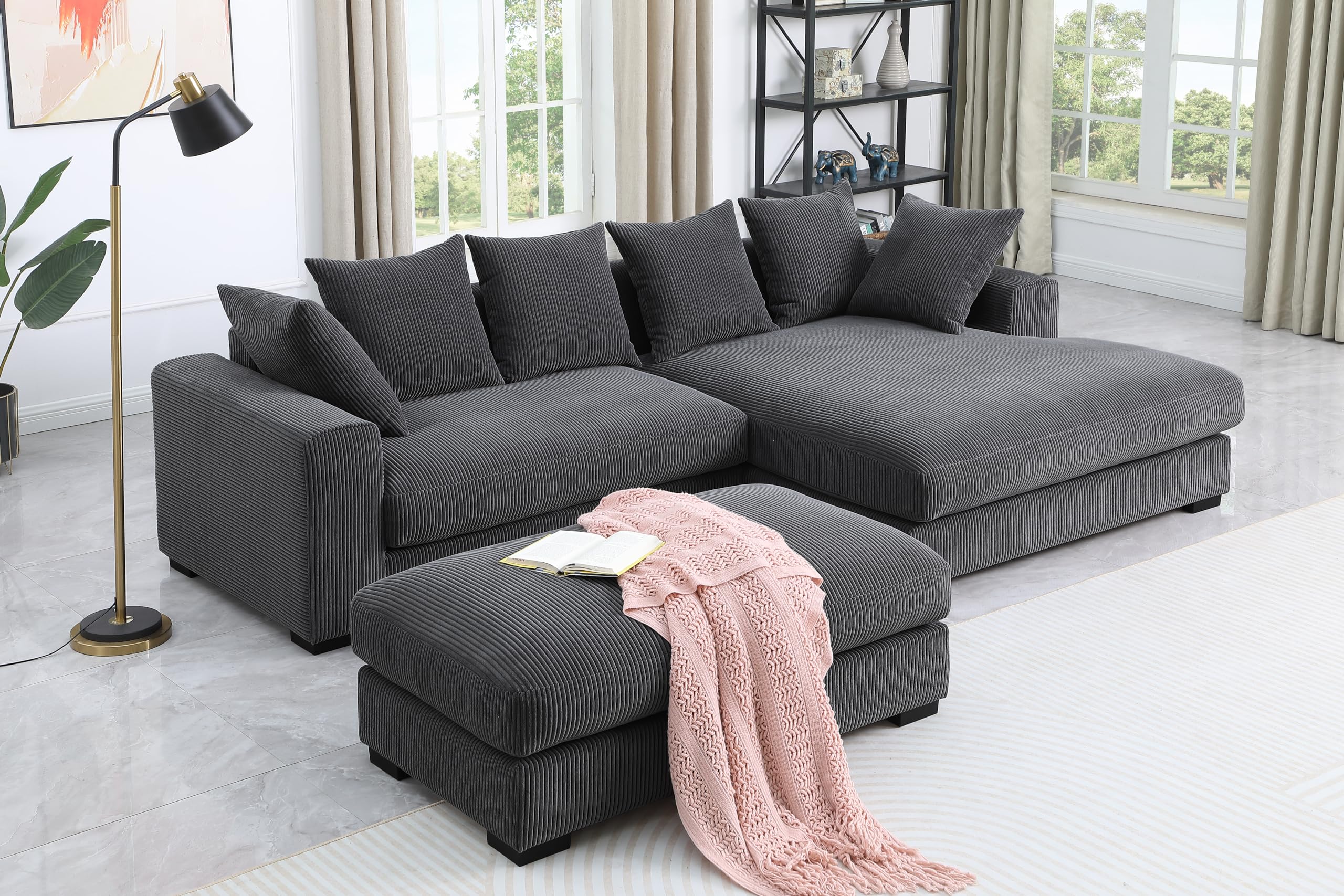 WILLIAMSPACE 109.75" Sectional Sofa Couch with Removable Ottoman, Modern Luxury Upholstered L-Shaped Sofa with Large Chaise Lounge, Comfy 4-Seat Couch with 6 Pillows for Living Room (Drak Gray)