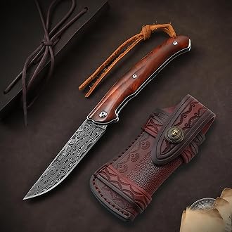 Omesio Damascus Pocket Knife with Leather Sheath for Men Women, Wooden Handle, Vg-10 Steel Damascus Folding Knife, 3.54 Inch Blade Foldable EDC Knife for Camping Fishing Hiking Hunting Gift