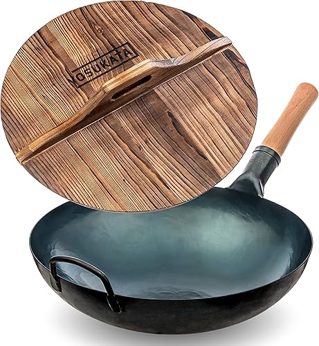 YOSUKATA Sartén Wok de fondo redondo azul – Sartenes de 14 pulgadas Premium Wok Cover 14 pulgadas – Tapa de madera