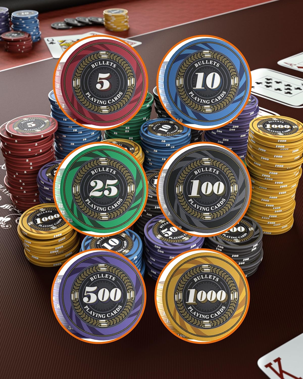 Bullets Playing Cards Ceramic Poker Chips - Printed Value for Easy Betting - Perfect for Poker Nights, Tournaments, & Casino-Style Games - Balanced Design - Set of 25 'Silvio' with Value 1000