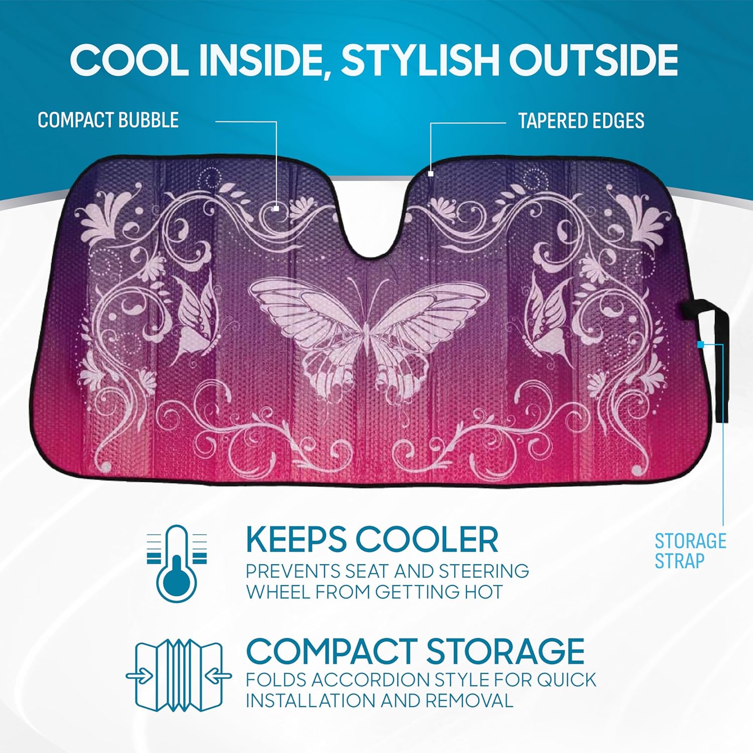 BDK Pink Butterfly Front Windshield Sunshade Accordion Folding Style Auto Shade for Cars Trucks SUVs Vans Blocks UV Rays Sun Visor Protector Easy Setup Keeps Your Vehicle Cool 58" x 27"