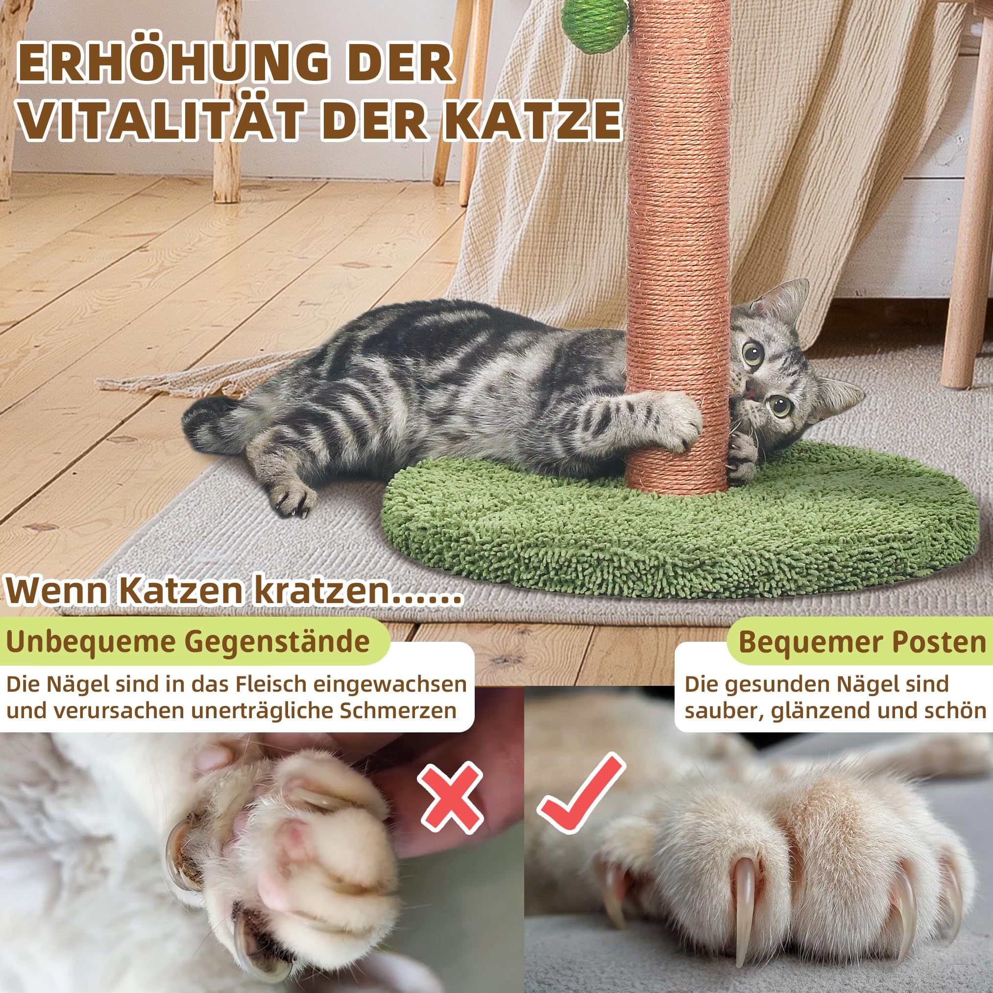 Kratzsäulen 84 cm niedlicher Katzenkratzer Kätzchen Kratzbaum mit Sisalseil für Wohnungskatzen Palmen-Katzenkratzbaum mit baumelnden Bällen für kleine Katzen
