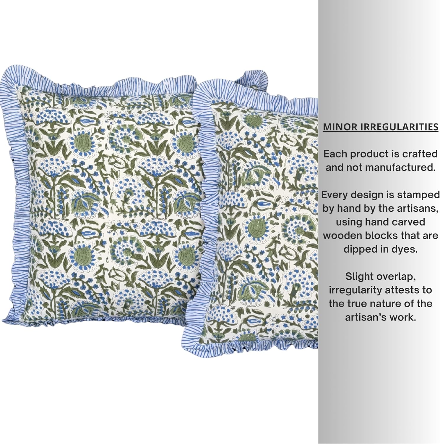ATOSII Hand Block Printed 100% Cotton Ruffle Throw Pillow Covers, SET OF 2, Decorative Cushion Covers for Sofa, Couch, Bed, Living Room, Bedroom Home Decor for Spring Summer, 20 X 20 Inch, Clover Blue