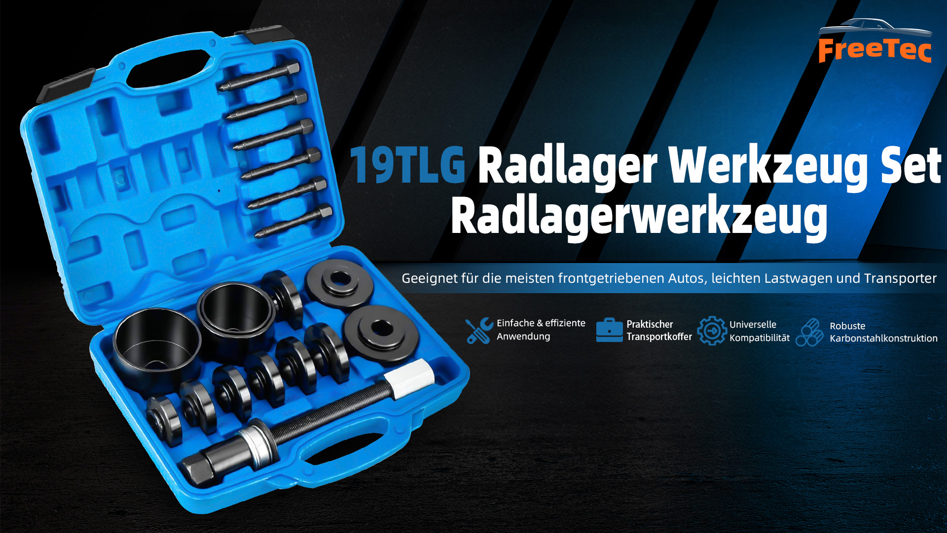 Wiltec Radlager Werkzeug Satz 19 teilig, Druckplatten 55,5-84 mm, Gewindespindel, Druckhülsen, Radlagerabzieher für Kfz im Koffer