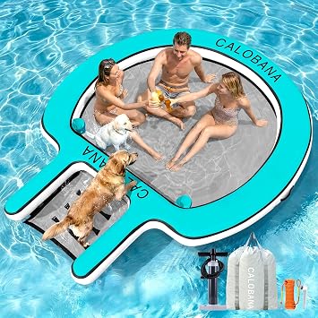 CALOBANA Water Hammock with Dog Boat Ramp, Inflatable Round Floating Ring for Adults Pets Heavy Duty Floating Dock Tanning Pool Lounger Float Island Platform for Pool Sea River Dock Boat Party
