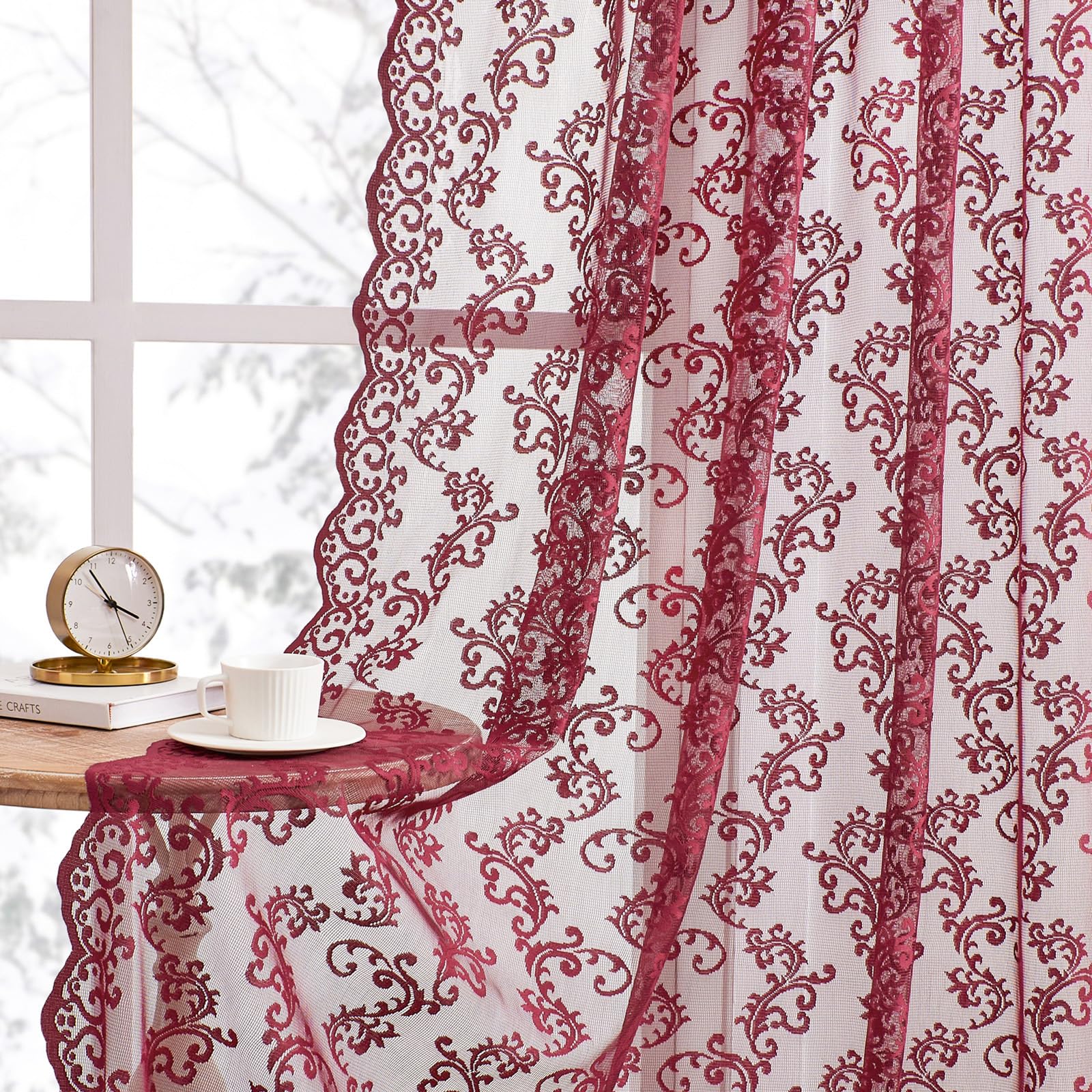 Burgundy Lace Curtains 72 Inch Length 2 Panels - Modern Wine Drapes for Bedroom Living Room, Rod Pocket Light Filtering Romantic Maroon French Floral