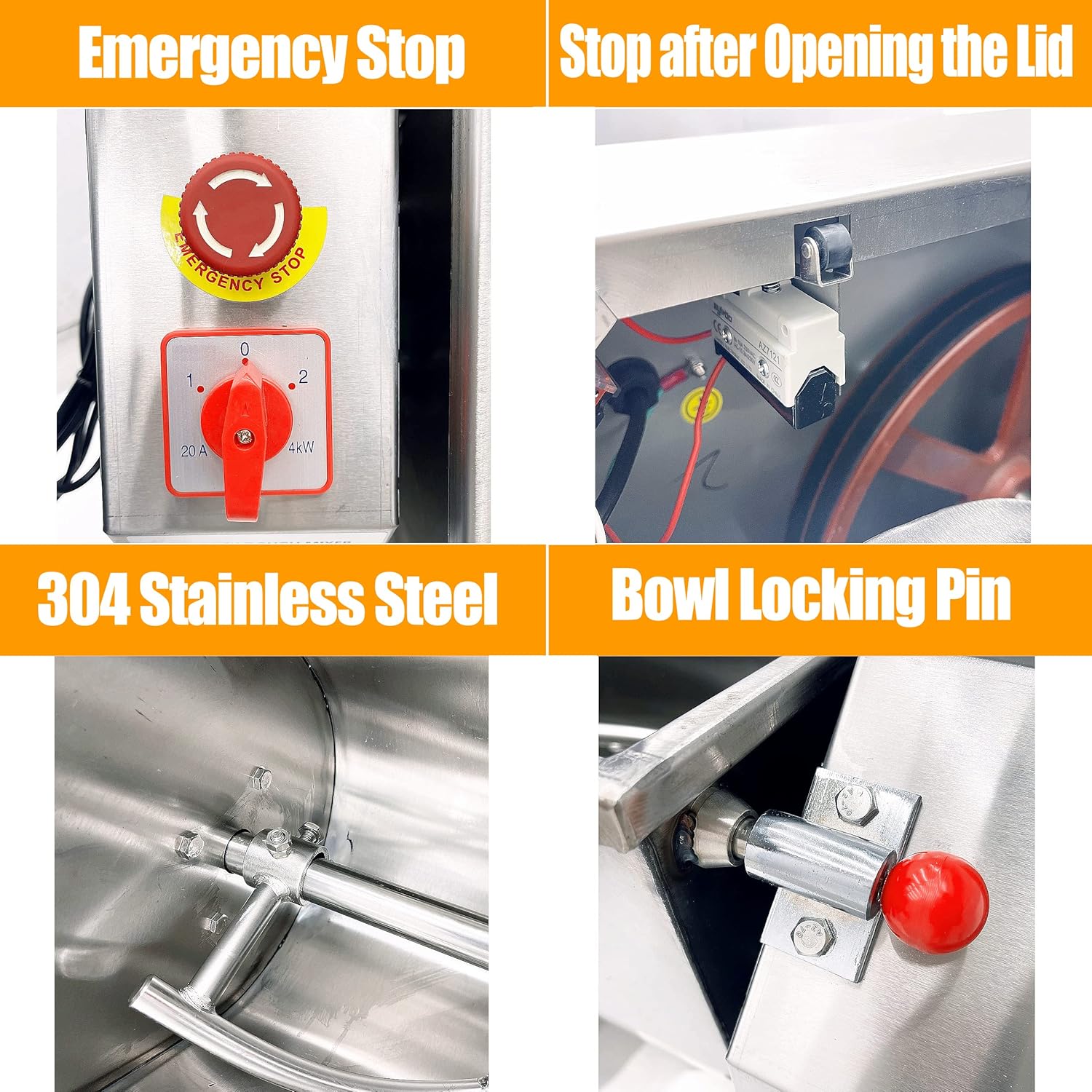 TECHTONGDA Commercial Dough Mixer All Stainless Steel Flour Mixer Dough Kneading Machine 110V Heavy Duty Dough Blender Stand Food Mixer with 15 KG Kneading Capacity and 90 Degree Tilt Bowl