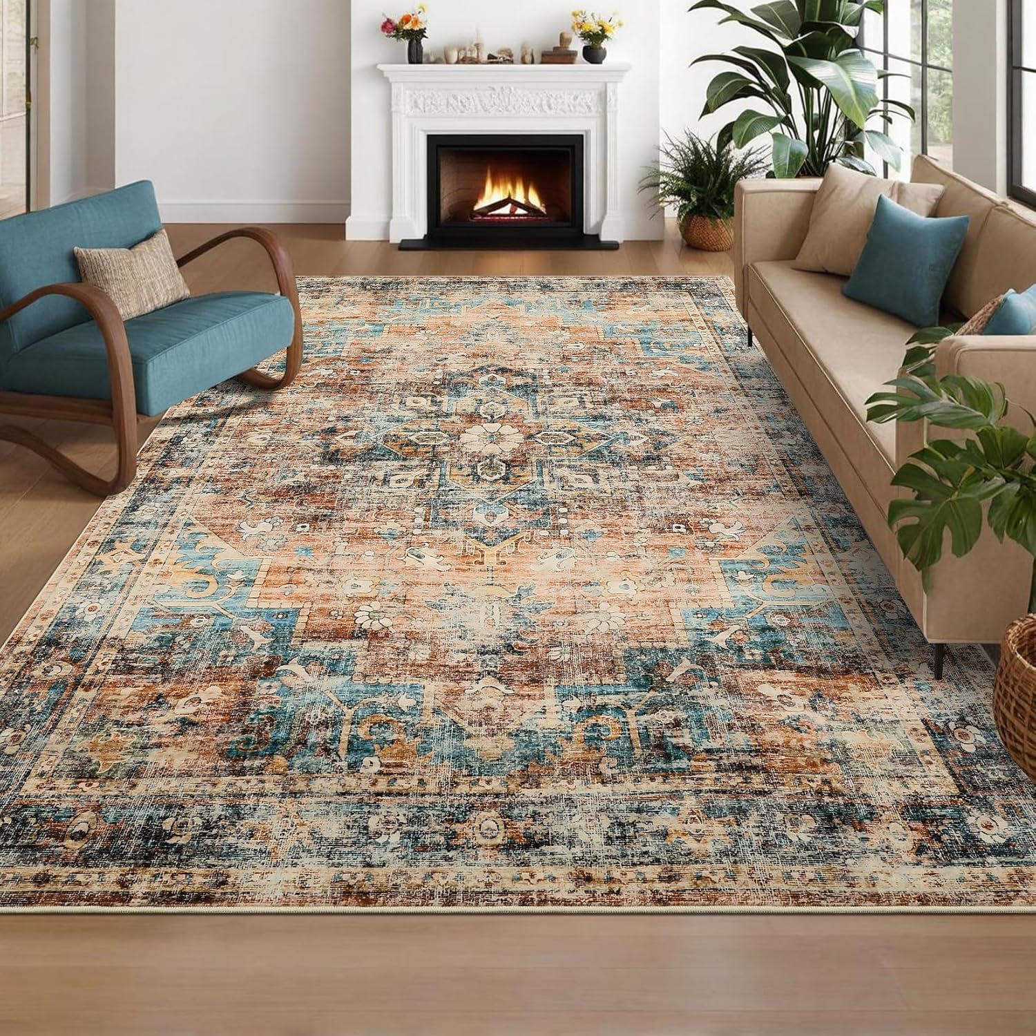 GarveeHome 8x10 Washable Vintage Living Room Area Rug: Vintage Machine Washable Area Rug for Living Room Indoor Large Non-Slip Bedroom Carpet Low Pile Stain Resistant Dining Room Carpet Green&Brown - Image 3
