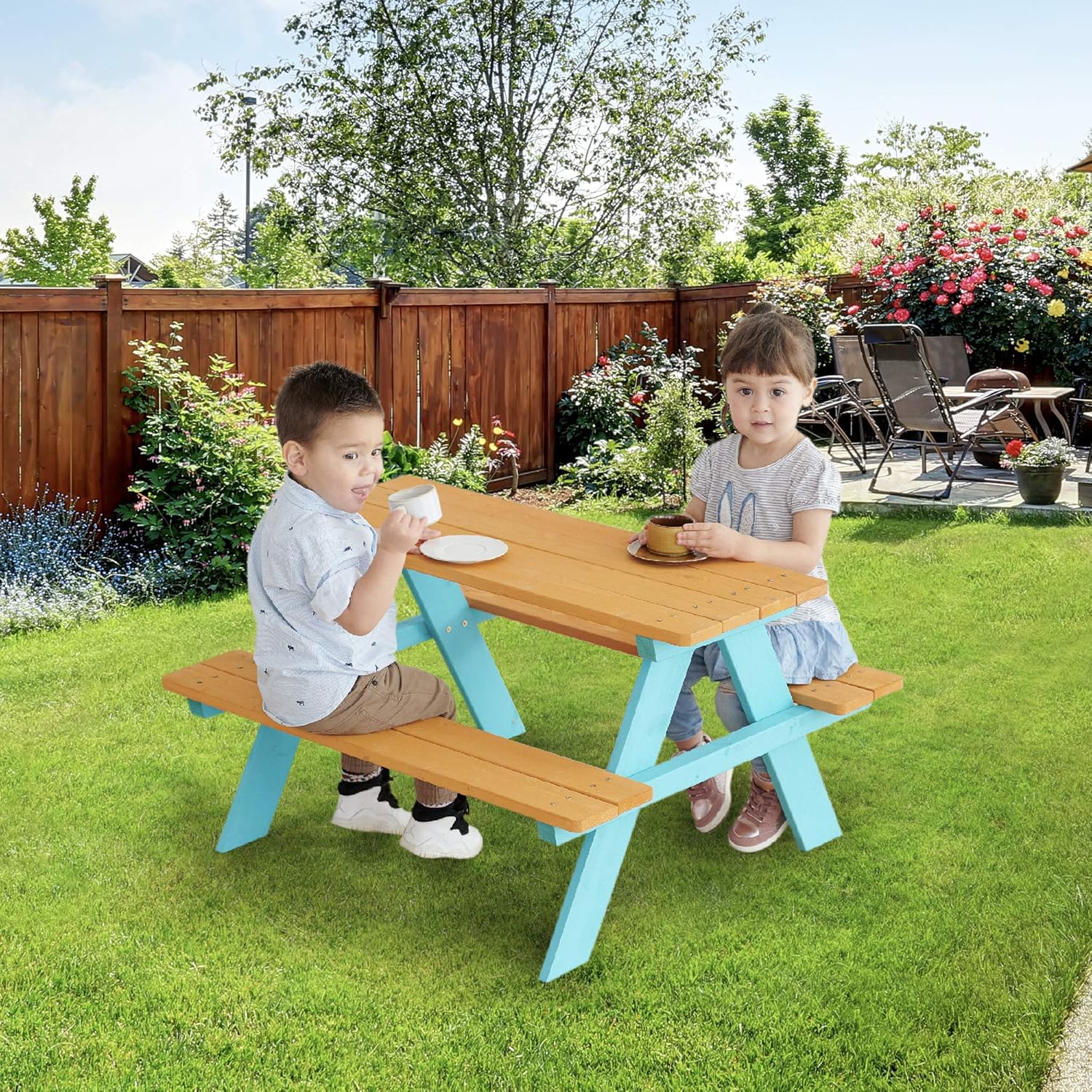 Teamson Kids - Wooden Outdoor Child Picnic Table, Children Kids Picnic Table & Chair Bench Set, Toddler Outdoor Seating - Wood/Aqua : Patio, Lawn & Garden