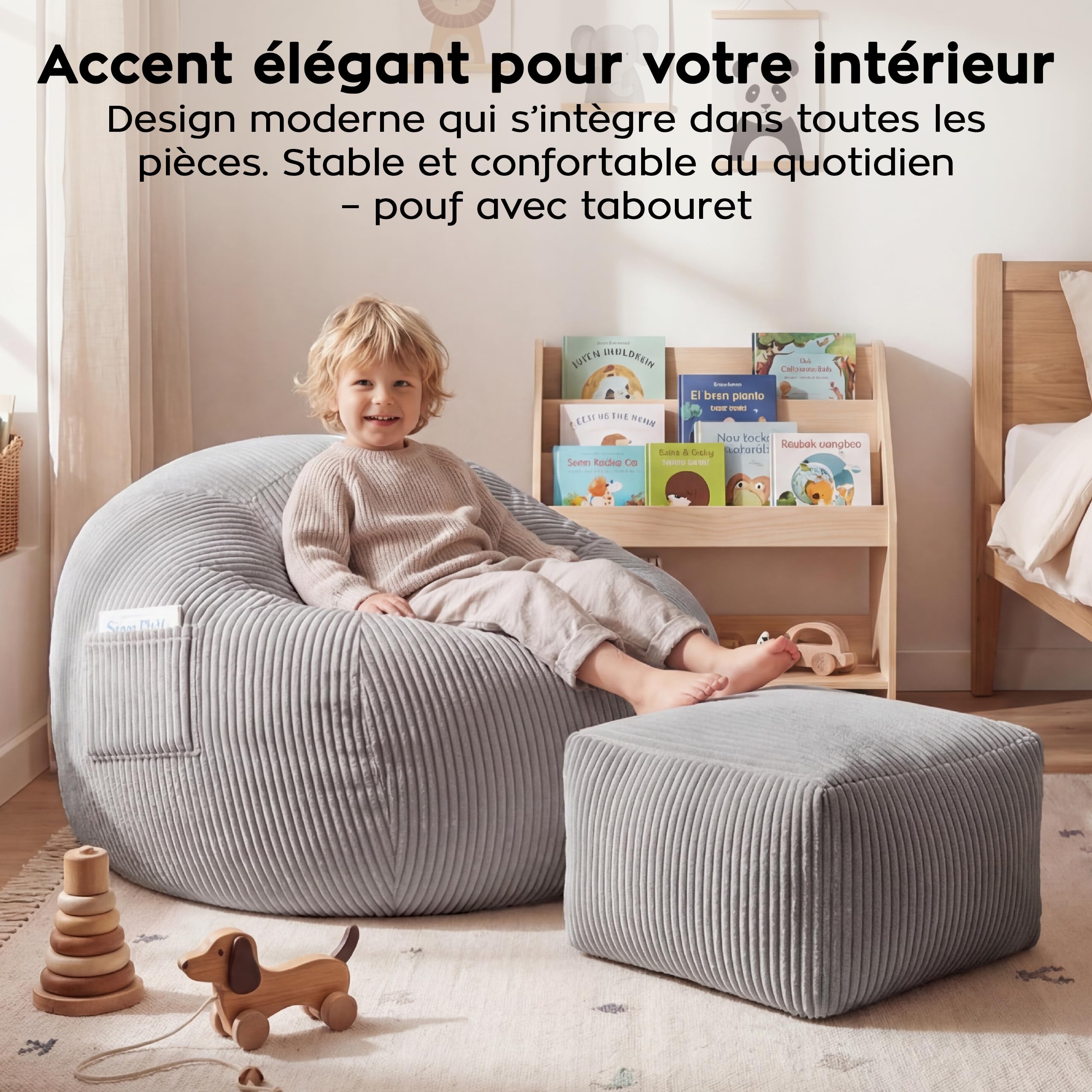 MARK ADLER Comfy 3.0 Fauteuil Pouf XXL avec Repose-Pieds en Velours Côtelé – Ensemble Siège de Sol – Bean Bag Salon Moelleux avec Poche et Poignée - Idéal pour, Terrasse et Jardin – Gris